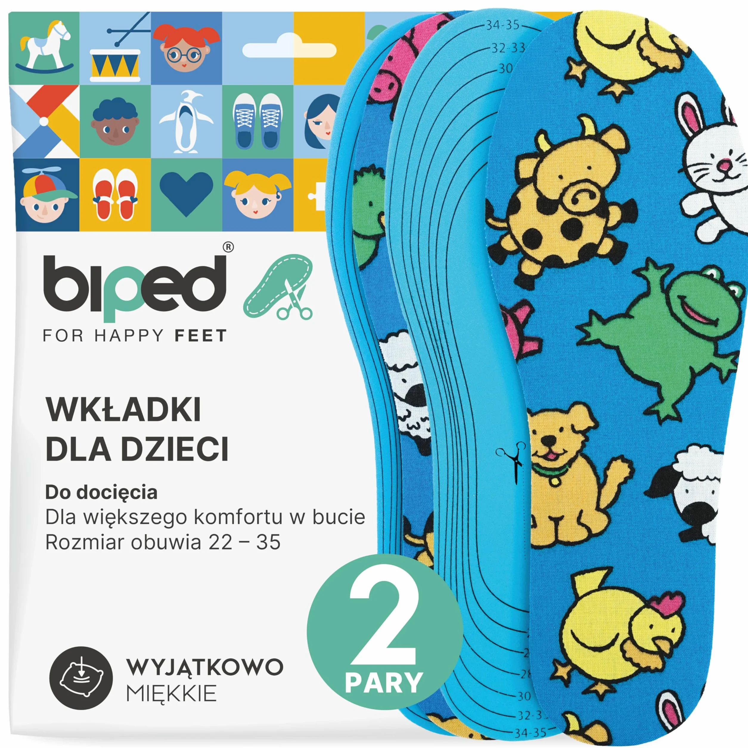 biped 2 pary wkładek dziecięcych - Miękkie wkładki do docięcia - Kolorowe wkładki do butów dziecięcych, kaloszy, kapci i trzewików z2751