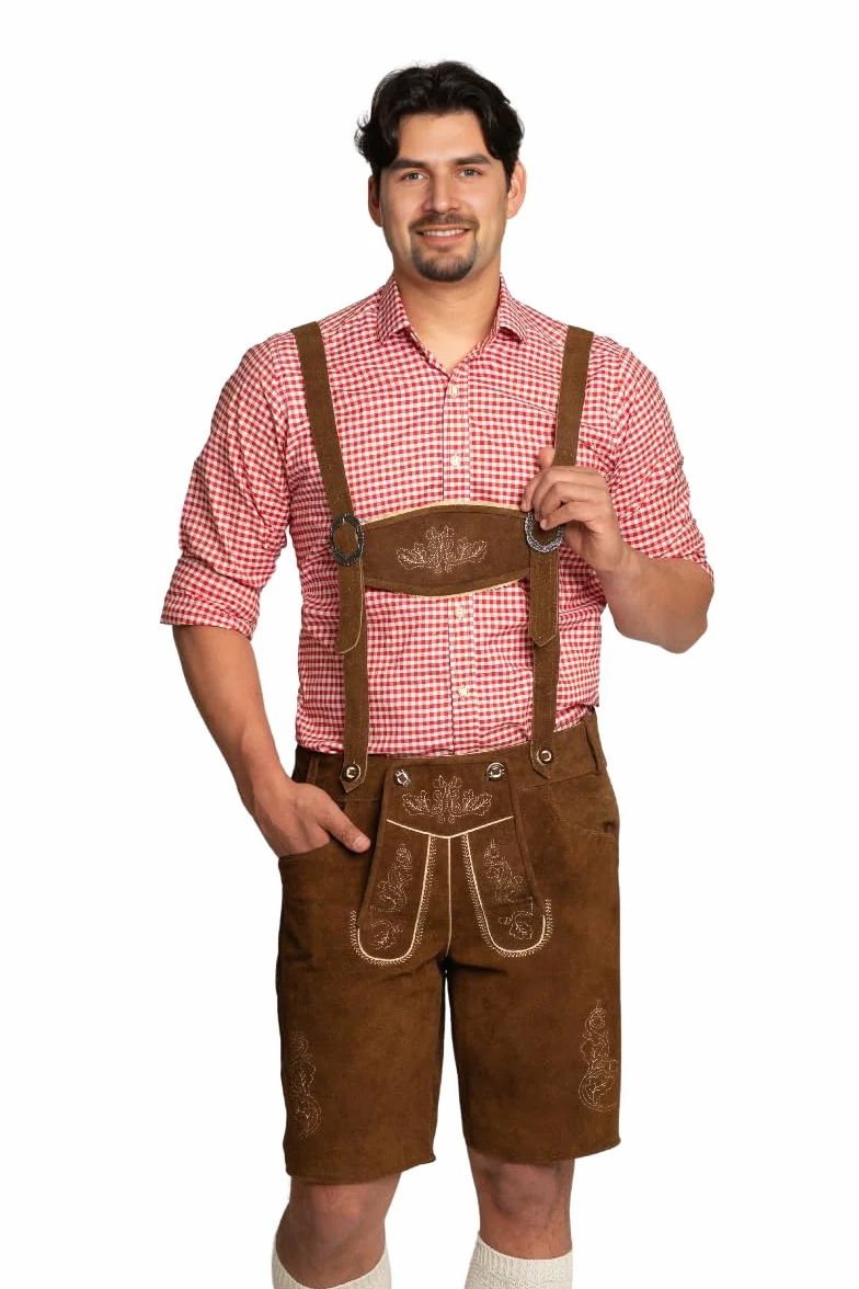 Tannhauser Krótkie skórzane spodnie Flachau z szelkami 100% skóra bydlęca ciemnobrązowe prawdziwe skórzane spodnie męskie na Oktoberfest - rozmiar XS do 5XL