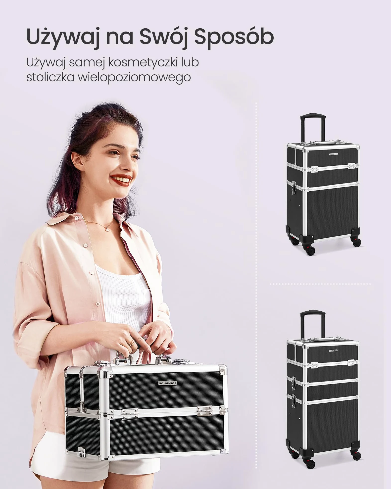SONGMICS Walizka do makijażu, profesjonalna walizka do makijażu, walizka 4 w 1 do podróży, duży wózek dla fryzjerów, zamykana, z uniwersalnymi kółkami obracającymi się o 360°, czarna JHZ11BK