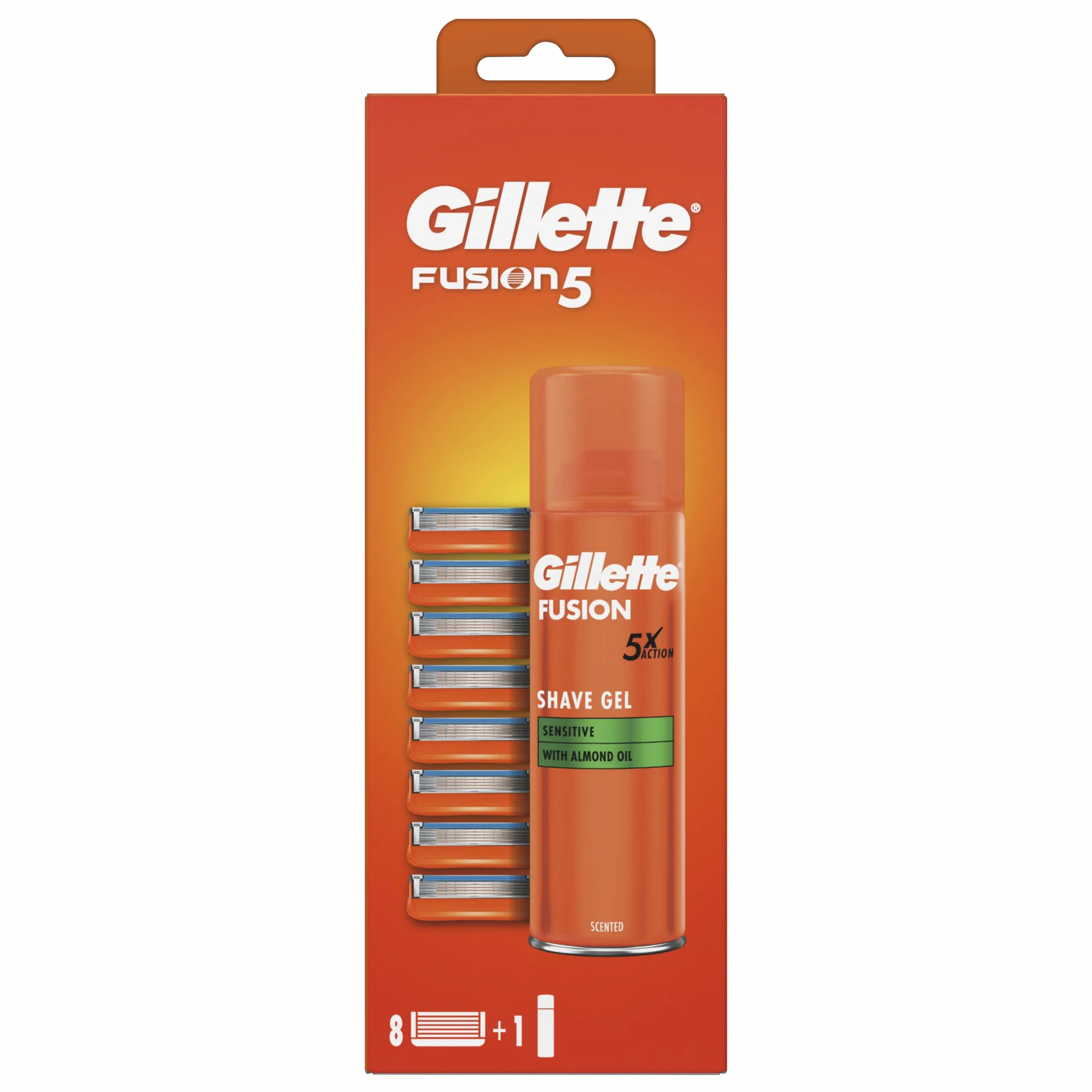 Gillette Fusion5 Ostrza Wymienne do Maszynki do Golenia, (8 sztuk), z 5 Ostrzami Zmniejszającymi Tarcie, 8 Ostrz Wymiennych + Żel 200 ml
