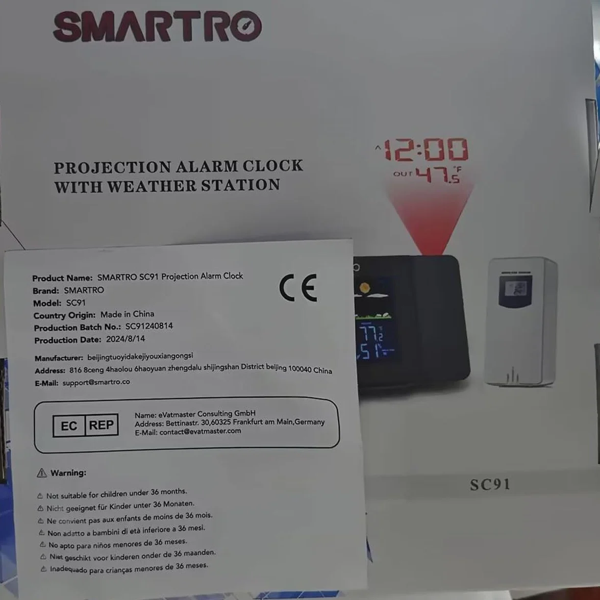 SMARTRO SC91 Budzik projekcyjny przy łóżku do sypialni, projektor ze stacją pogodową, bezprzewodowy termometr wewnętrzny, zewnętrzny termometr, miernik temperatury i wilgotności, miernik higrometru