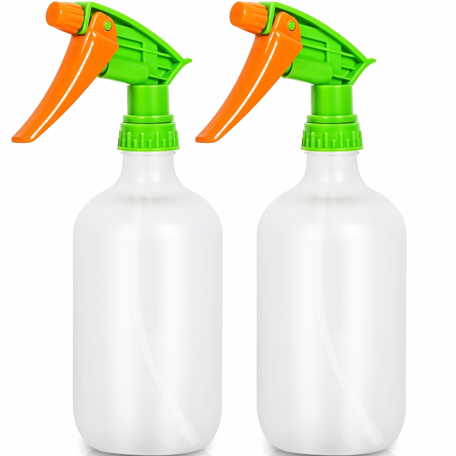 2 x butelka z rozpylaczem 500 ml, regulowana dysza, spust z 4 palcami, biała butelka + pomarańczowa dysza, materiał PET, ergonomiczna konstrukcja, szczelna, mgiełka do strumienia