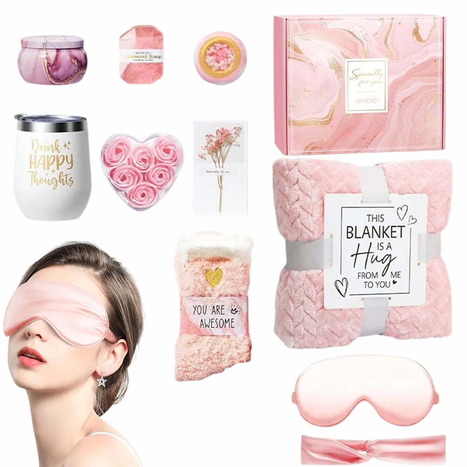 Luxury Relaxation Set Birthday Gift Basket for Women with Cozy Flannel Blanket Spa Tools