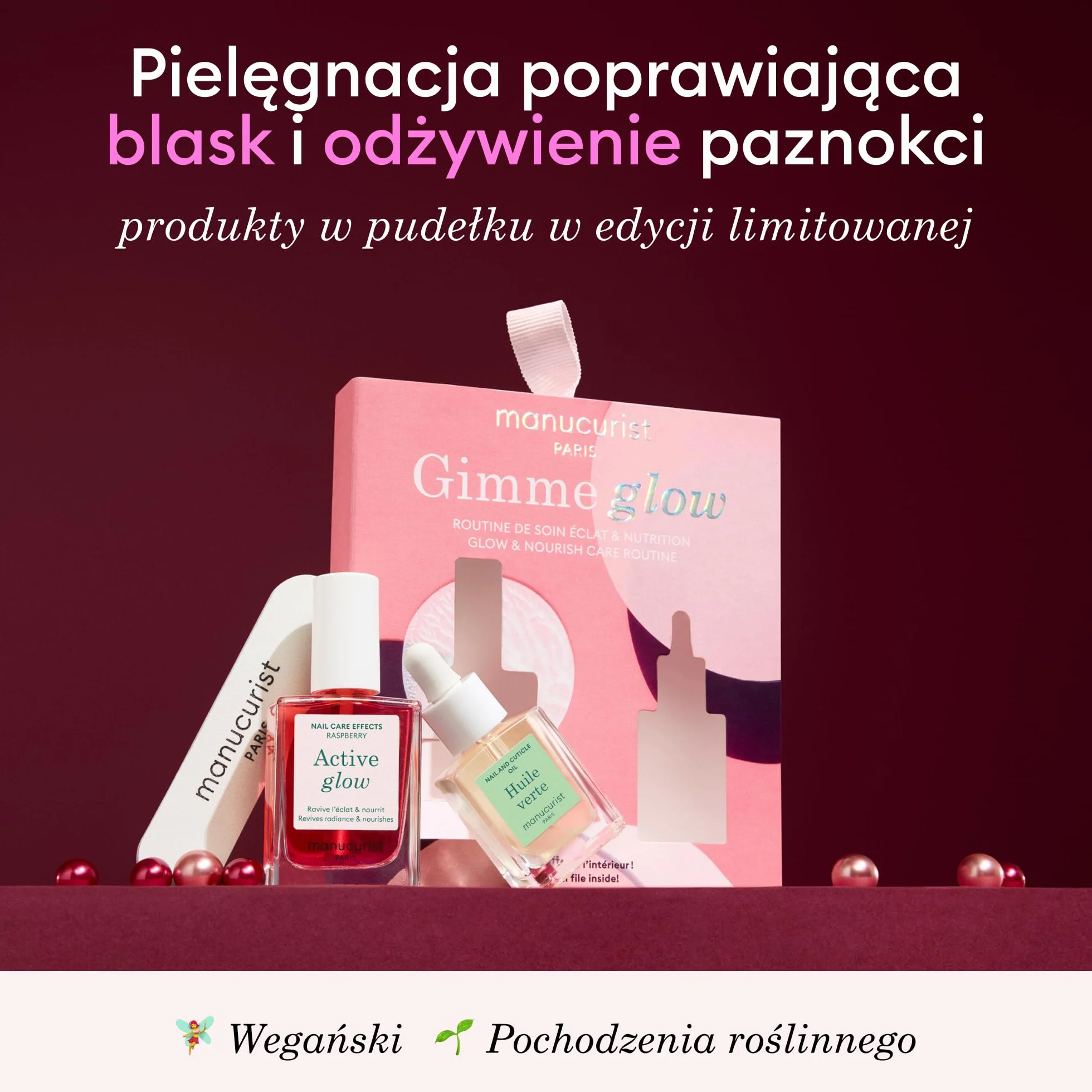Zestaw upominkowy Manucurist Active Glow Raspberry + olejek zielony – zawiera: 1 lakier do paznokci do pielęgnacji i makijażu, 1 olejek do skórek, 1 bezpłatny mini pilniczek do paznokci – prezenty świ