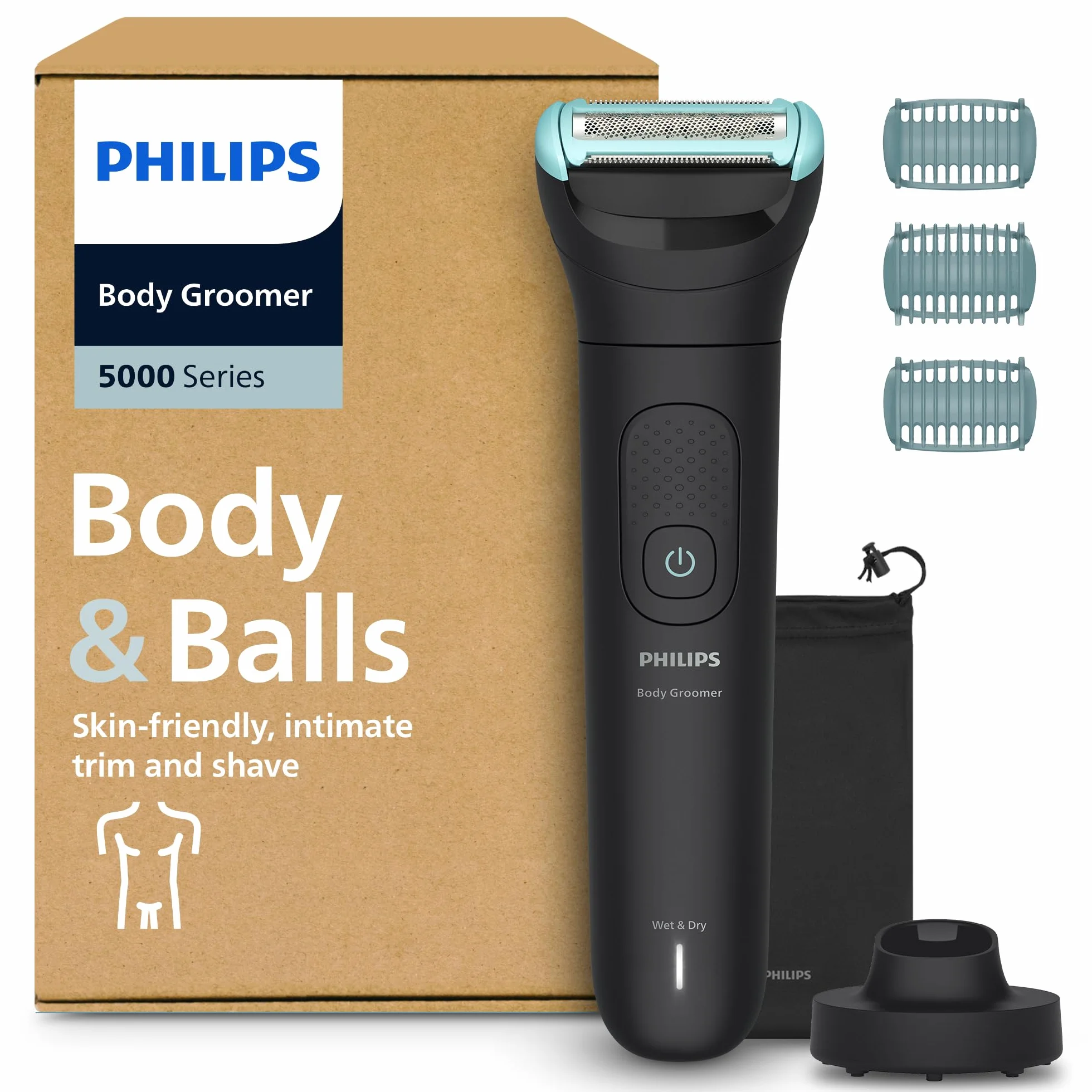 Philips Body Groomer Seria 5000 – trymer do ciała dla mężczyzn Triple Protect, Zapewnia golenie okolic intymnych, Trymer jest w pełni wodoodporny, a jego czas działania wynosi 100 minut; BG5485/30