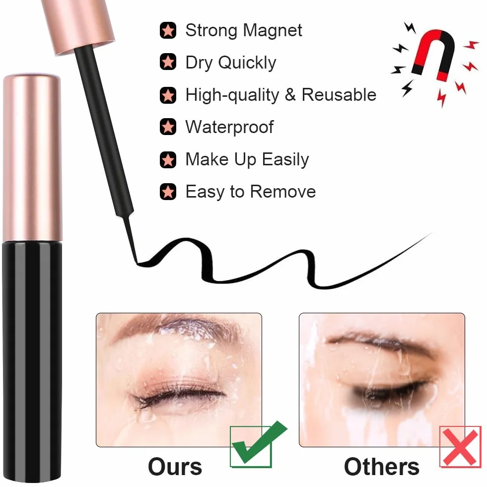 Magnetyczne sztuczne rzęsy, 12 par magnetycznych rzęs z 2 magnetycznymi eyelinerami, wielokrotnego użytku, zestaw sztucznych rzęs, naturalny i długotrwały efekt 3D