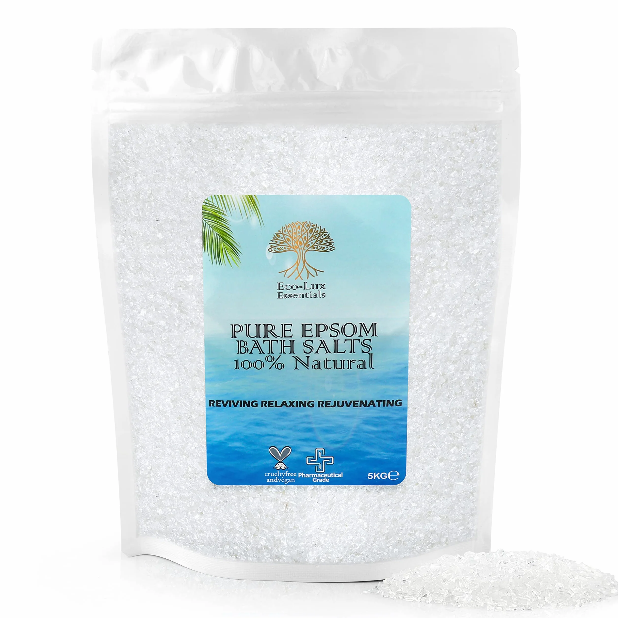 Eco Lux UK 5KG sole Epsom premium, 100% czyste, naturalne (spożywcze), siarczan magnezu, do kąpieli, łagodzące bóle mięśni, odmładzanie, relaks, wspomaga sen, terapię uspokajającą (5 kg)