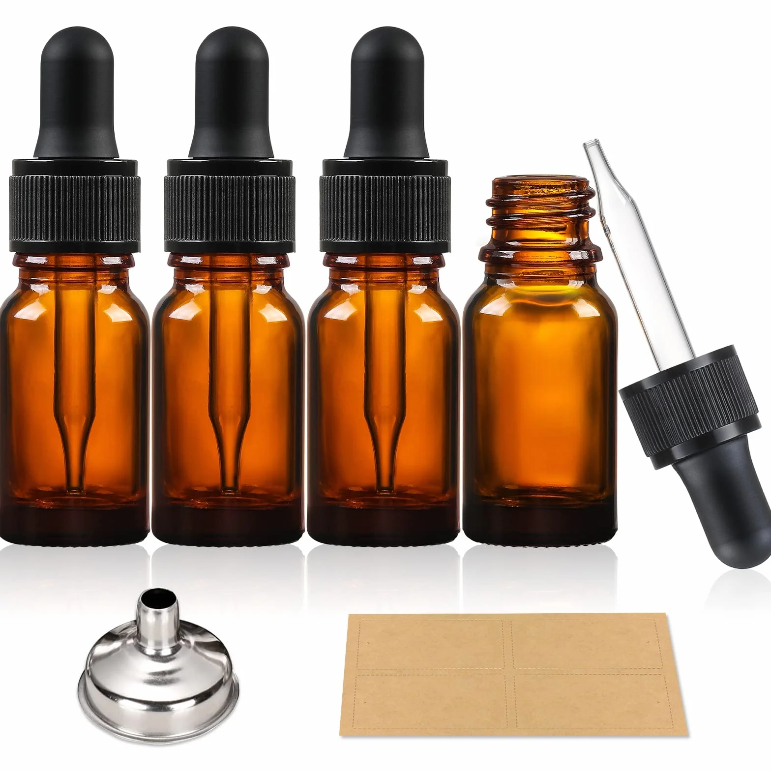 AOZITA 4 x bursztynowo-brązowe szklane butelki 10 ml z pipetami z zakraplaczem – w zestawie 1 lejek ze stali nierdzewnej i 4 etykietami – butelki z zakraplaczem do olejków eterycznych, mieszanek