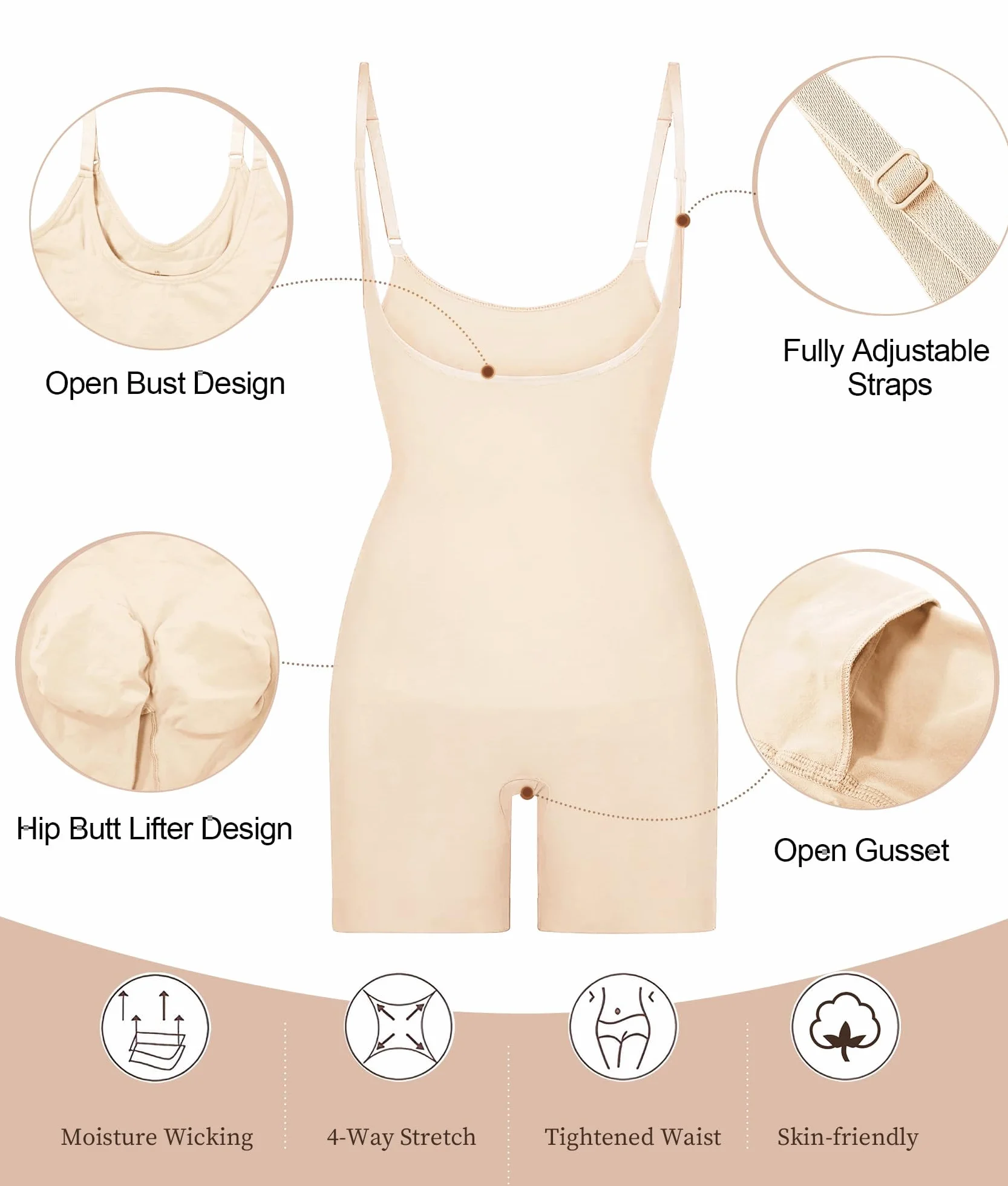 SHAPERX Damskie body modelujące brzuch z otwartym biustem, bezszwowe, modelujące sylwetkę do połowy uda, dla wyrwanej talii