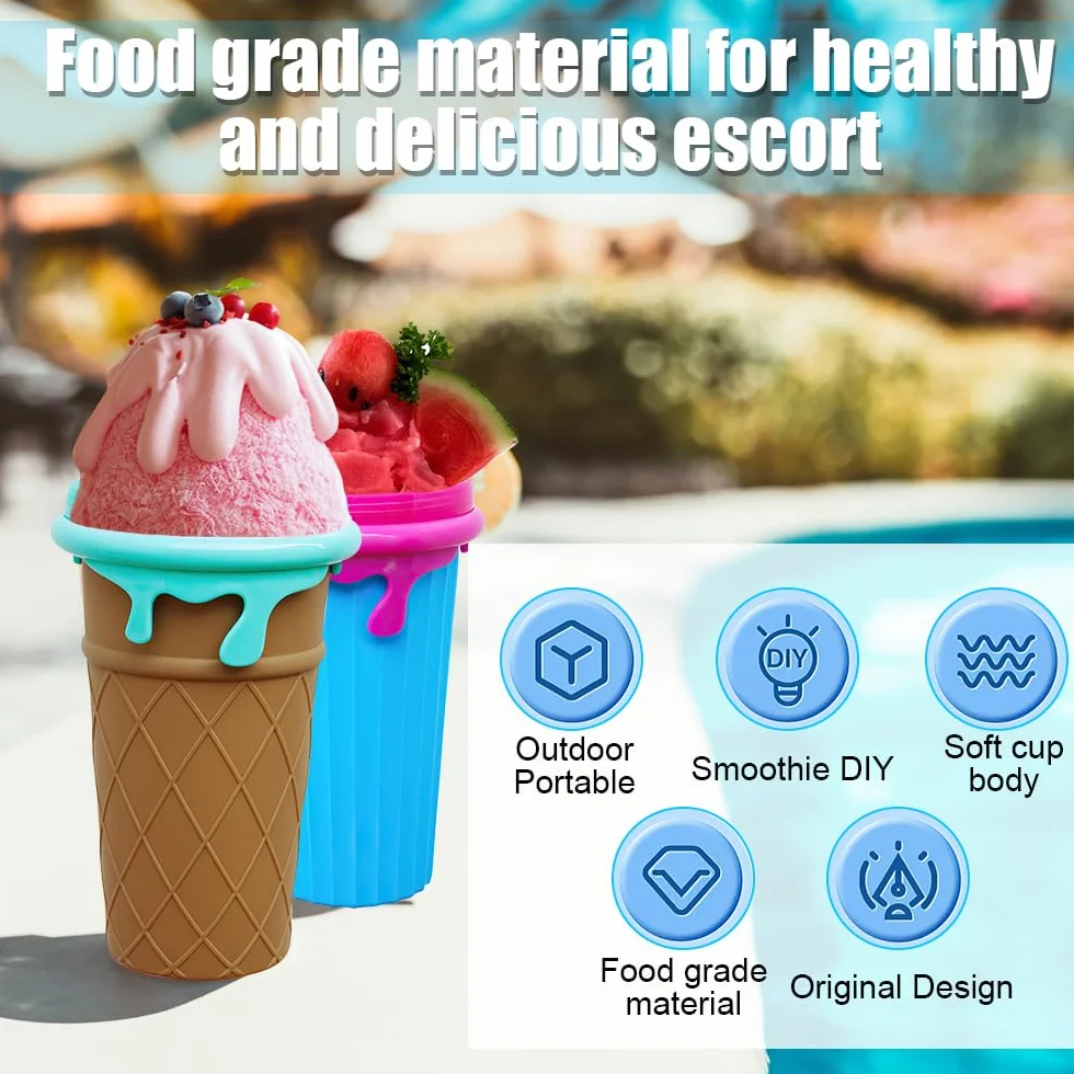 LUFEIS Slushy Maker Cup, 2 szt. 500 ml Frozens Squeeze Cup silikonowy kubek z słomą i łyżką 2 w 1, smoothie DIY Homemade Smoothie Cup, wielokrotnego użytku, dwuwarstwowe smoothie