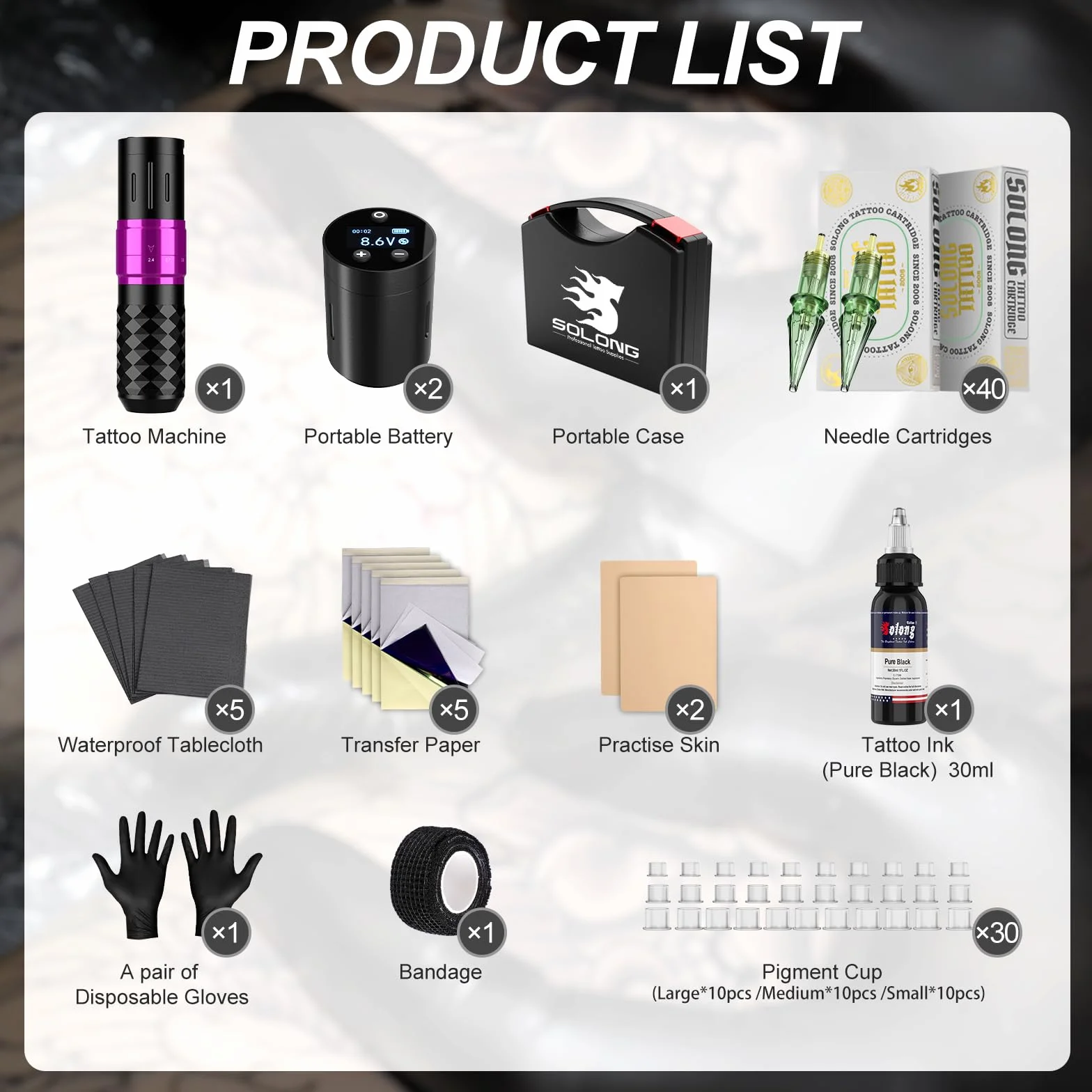 Solong Tattoo SL-TK0001EU-4 zestaw 2 baterii, 7 uderzeń, obrotowy pistolet do tatuażu z cyfrowym wyświetlaczem LCD, 40 igieł do kartridży, 30 ml, czarny tusz dla początkujących i artystów
