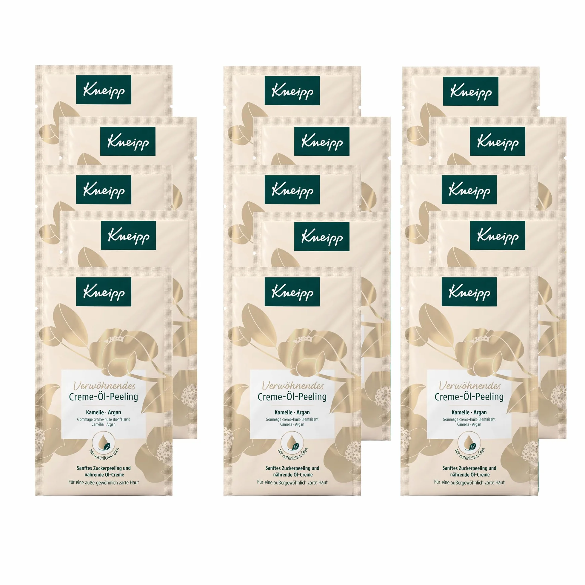 Kneipp Rozpieszczający peeling kremowo-olejkowy – peeling do ciała z cennym olejkiem arganowym i delikatnymi kryształkami cukru – 15 x 40 ml