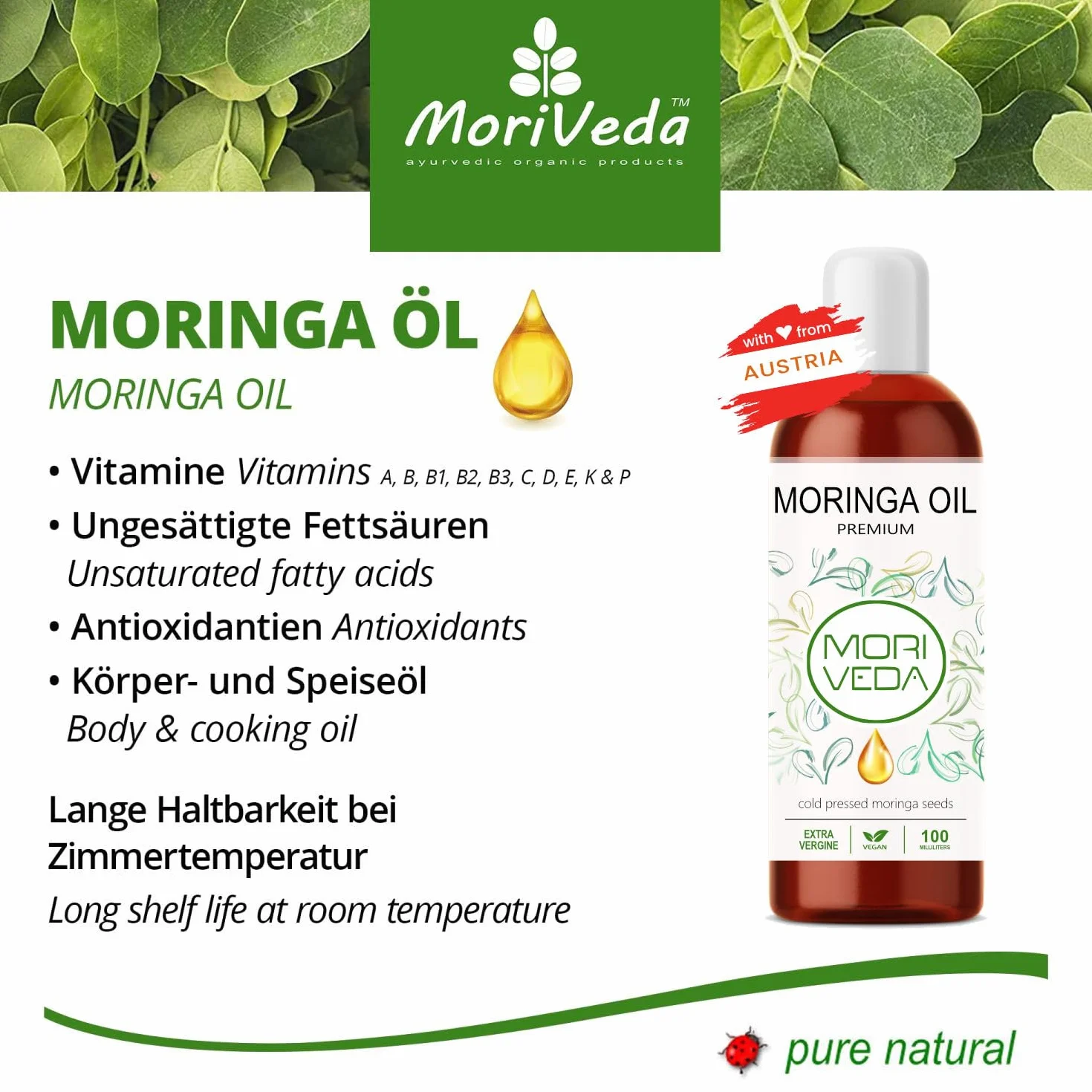 Olej Moringa Premium 100ml pierwsze tłoczenie dojrzewających w słońcu nasion oleifera MoriVeda