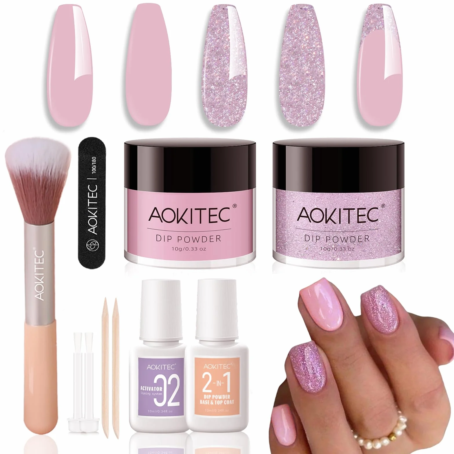 Aokitec Dipping Powder Nail Set – Różowy Błyszczący Proszek do Dipów z Bazą, Zestaw do Paznokci DIY