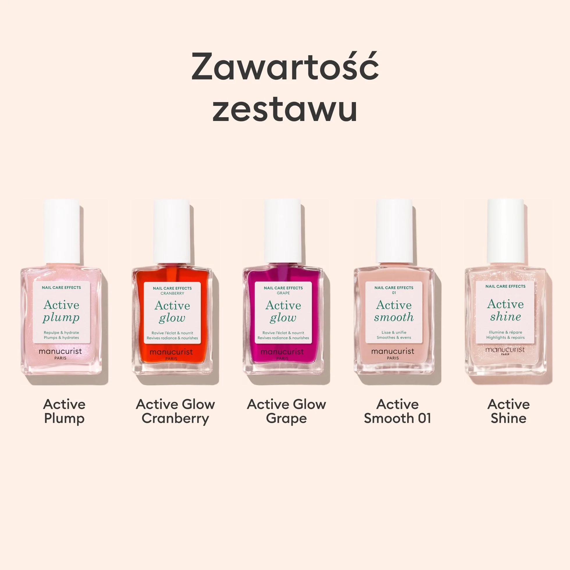 Manucurist – Zestaw 5 pielęgnacyjnych lakierów do paznokci Rainbow Active, zawiera 5 lakierów wzmacniających paznokcie: Plump, Cranberry, Smooth 001, Shine, Grape – Zestaw prezentowy dla kobiet