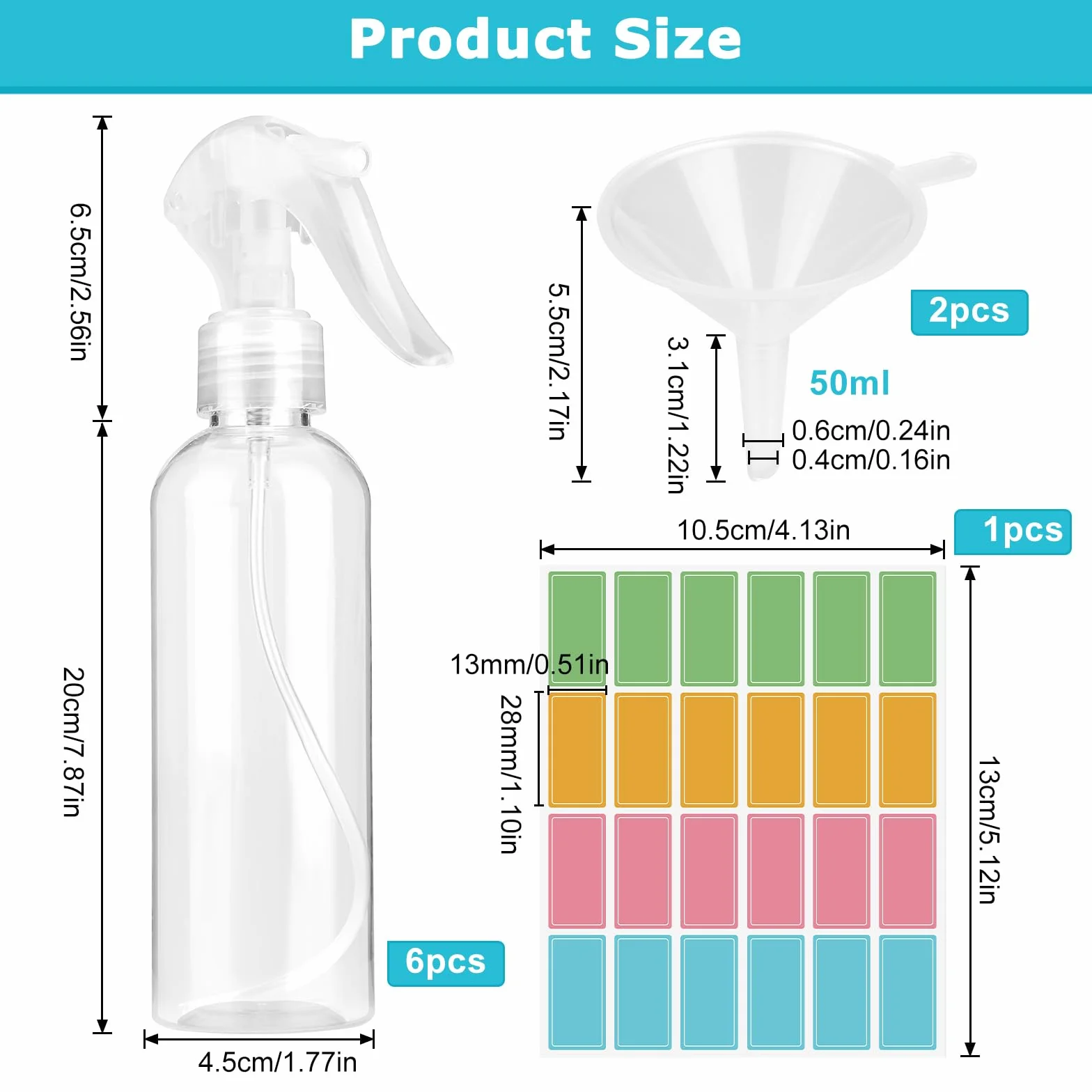 Butelka z rozpylaczem Fine Mist Spray 200 ml, 24 etykietki i 2 lejki, PET, czyszczenie domu, ogrodu, fryzjera, roślin, kwiatów
