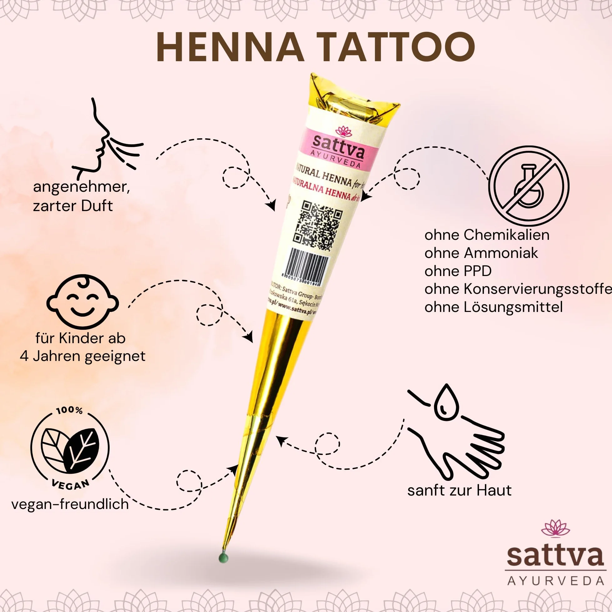 Sattva Ayurveda Henna do tatuażu brąz zestaw 4 rożków 30 g