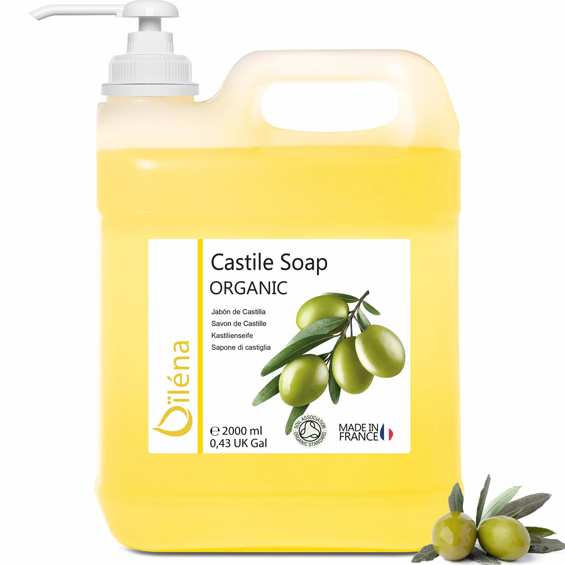 Mydło Organiczne Castile 2L | W 100% Naturalne z Oliwy z Oliwek | Wielofunkcyjne: Ciało, Włosy, Dom | Bez Siarczanów i Perfum | Nietestowane na Zwierzętach, Wegańskie