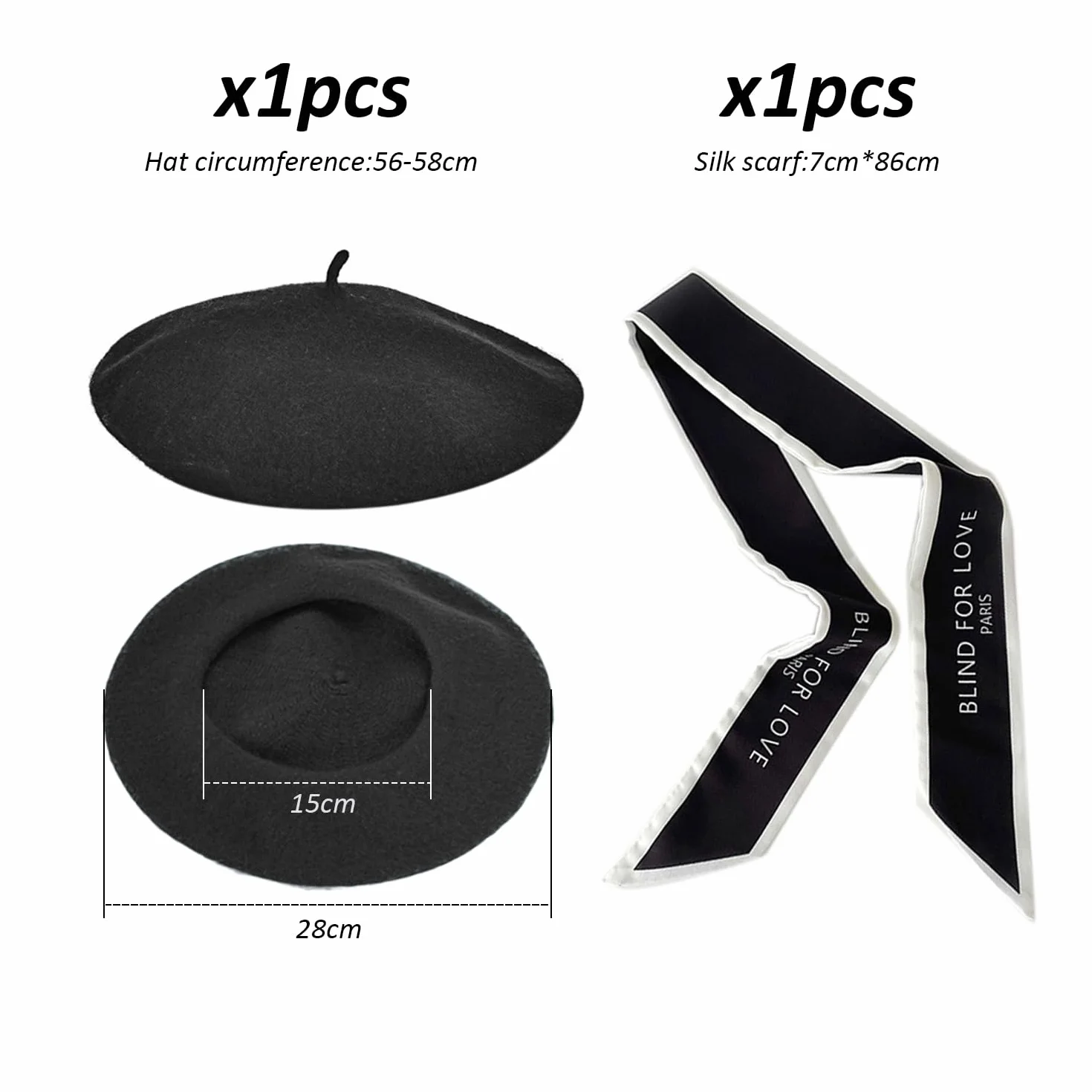 1 x francuski beret z 1 jedwabnym szalikiem, czapka beanie dla kobiet, czapka zimowa retro, miękka i lekka, modna biżuteria, nadaje się na spotkania z przyjaciółmi, dekoracja na imprezę (czarna),