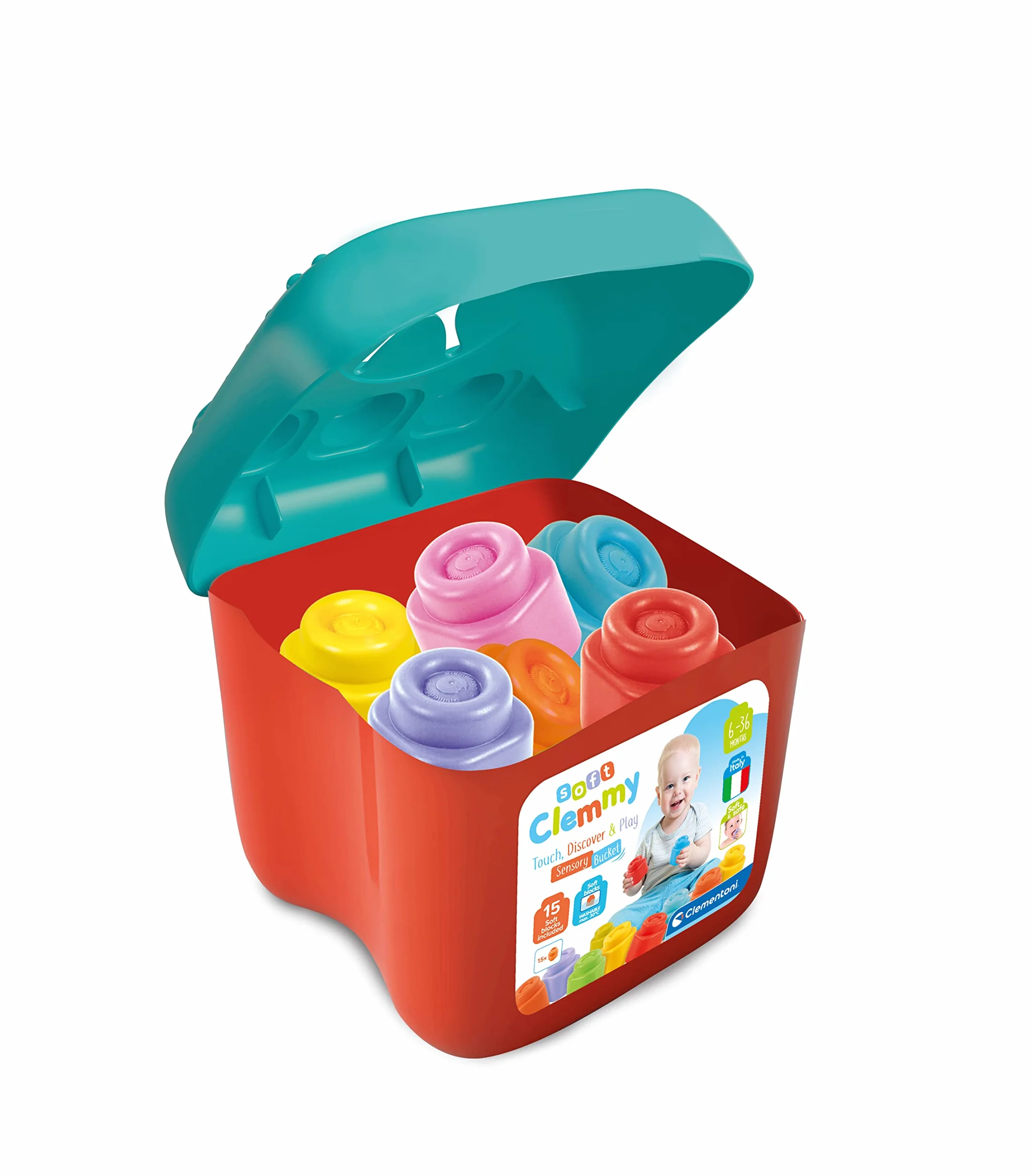 Clementoni - 17807 - Soft Clemmy - Sensory Bucket - Zabawka Konstrukcyjna Dla Dzieci Od 6 Miesięcy, Miękkie Klocki