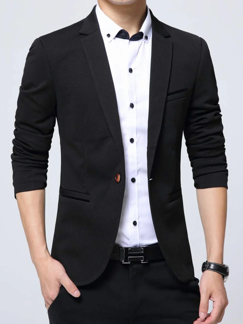 Męska Marynarka Casual Elegancka Marynarka Slim Fit Zapinana Jeden Guzik Marynarka Męska Marynarka