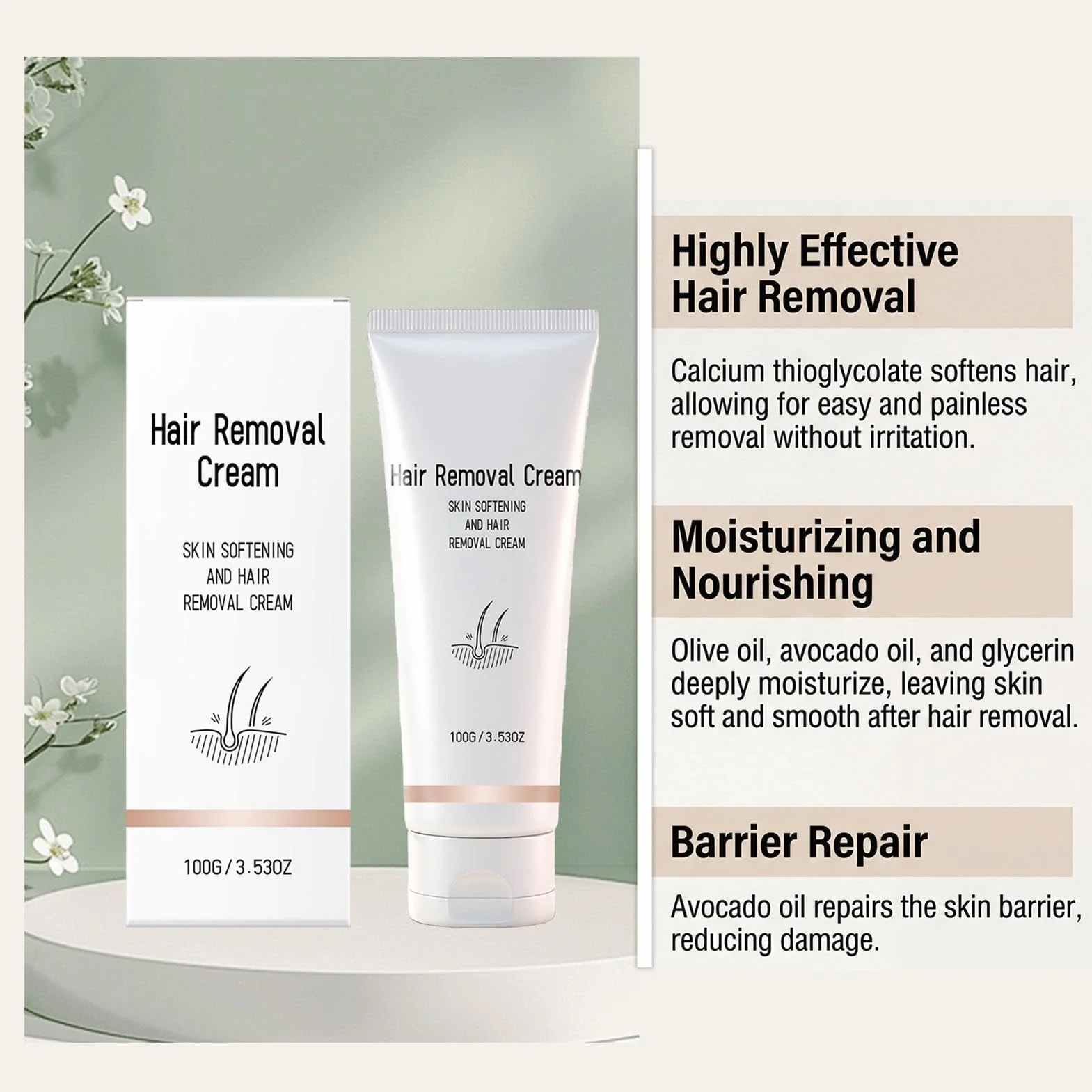 Hair Removal Cream - Gentle Nourishing Depilatory, Hydrating Skin Smoothing Lotion with Natural Soothing Extracts, Quick Action Formula, Ideal for Sensitive Skin Daily Care