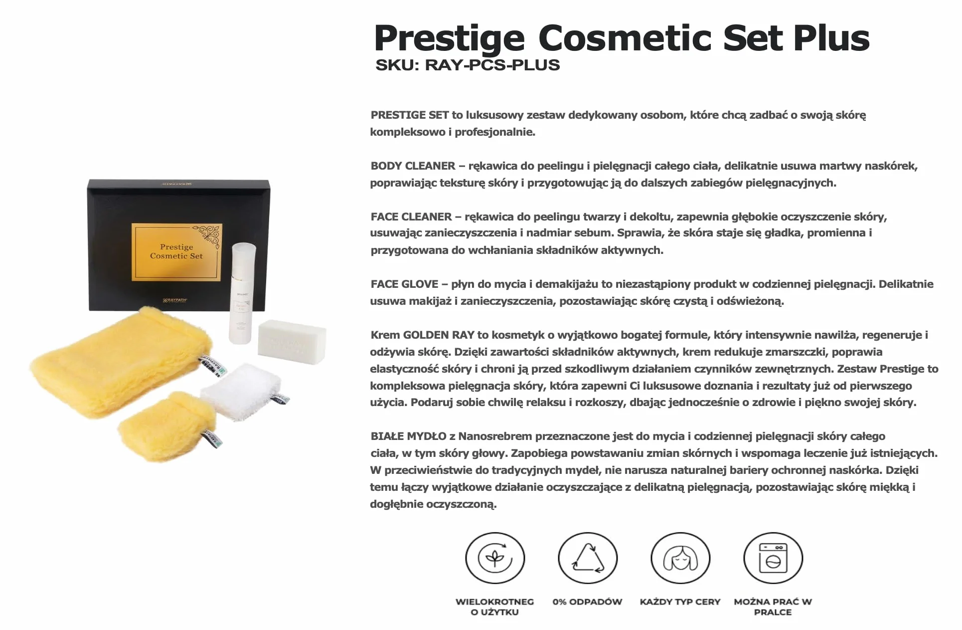 Prestige Cosmetics Plus zestaw – luksusowa, ekologiczna kolekcja do pielęgnacji skóry z rękawicami do twarzy, Face Glove, Face Cleaner, Body Cleaner, GoldenR