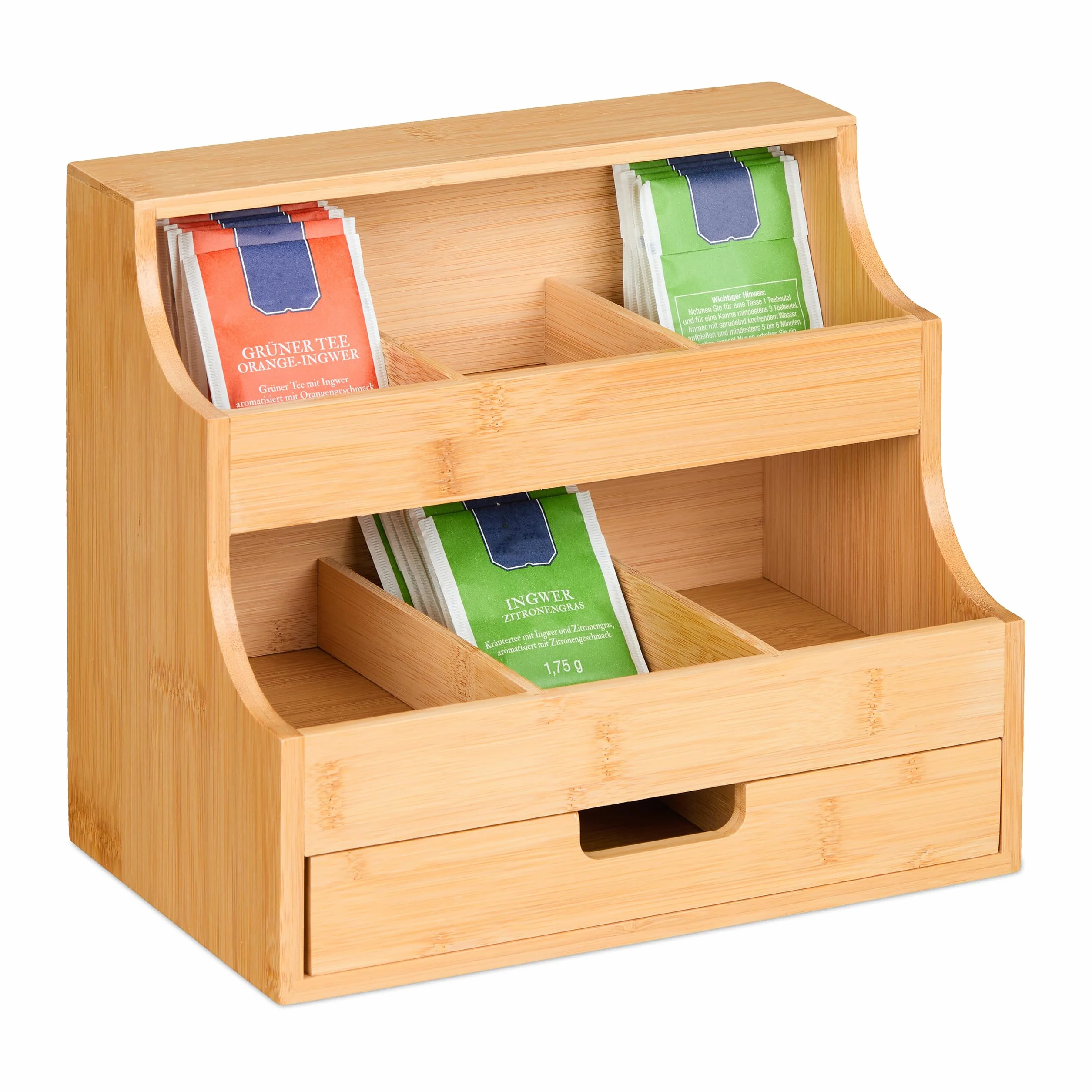 Relaxdays Organizer na herbatę z 9 przegródkami na herbatę ziołową, szufladę, HLP 24 x 27 x 17 cm, bambus, naturalny