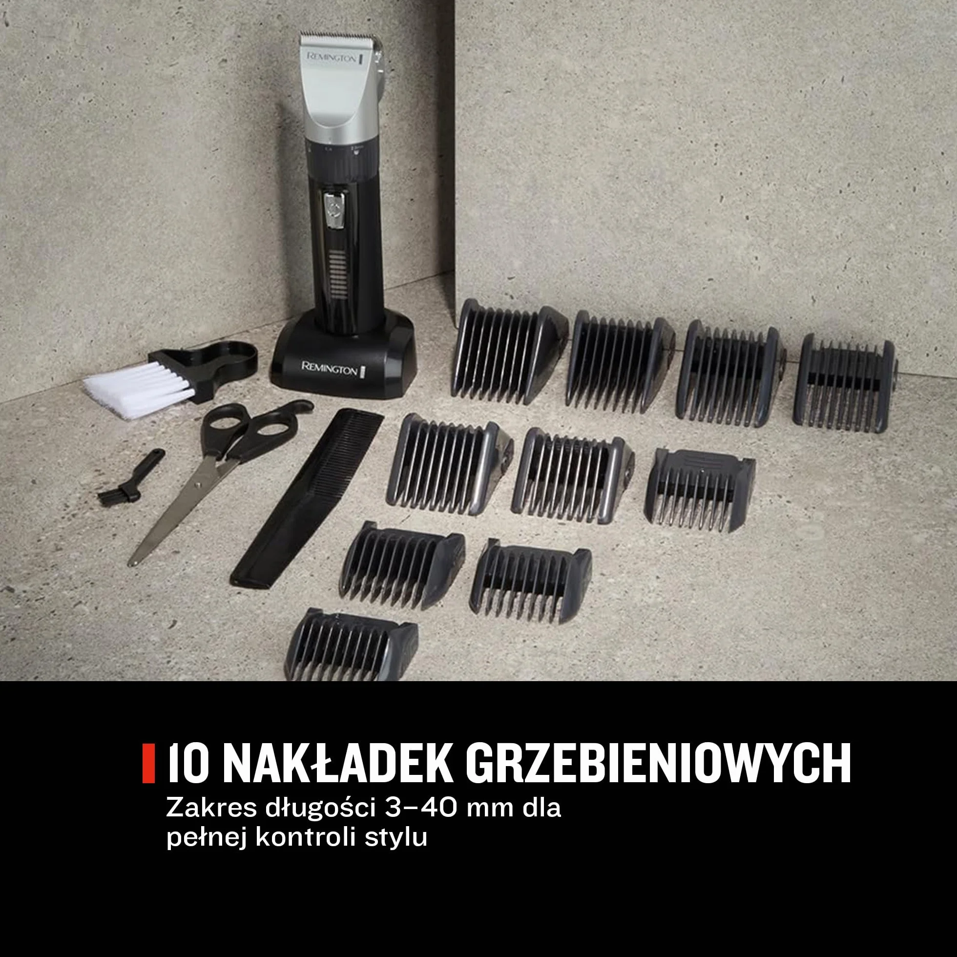 Remington maszynka do włosów, strzyżarka, bezprzewodowa, 10 nakładek 3-25mm, grzebień, nożyczki, szczoteczki, kuferek, podstawka ładująca, peleryna fryzjerska, czarna, HC5811 Genius