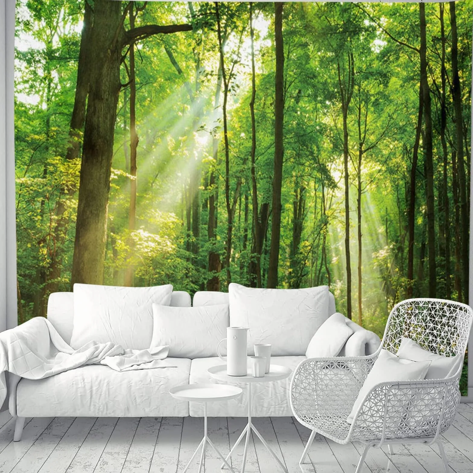 Skcess Dywan ścienny z motywem lasu, 200 x 200 cm, dekoracja ścienna, zielony, dywan ścienny, motyw drzewa, wschodu słońca, gobelin, dżungla, krajobraz, chusta na ścianę