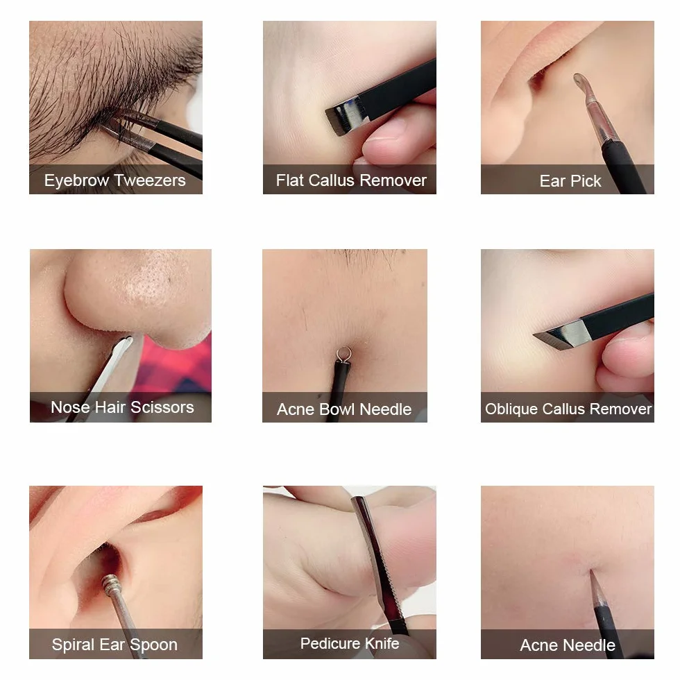 Profesjonalny zestaw do manicure i pedicure ze stali nierdzewnej, 18 sztuk, ze skórzaną torbą podróżną, czarny
