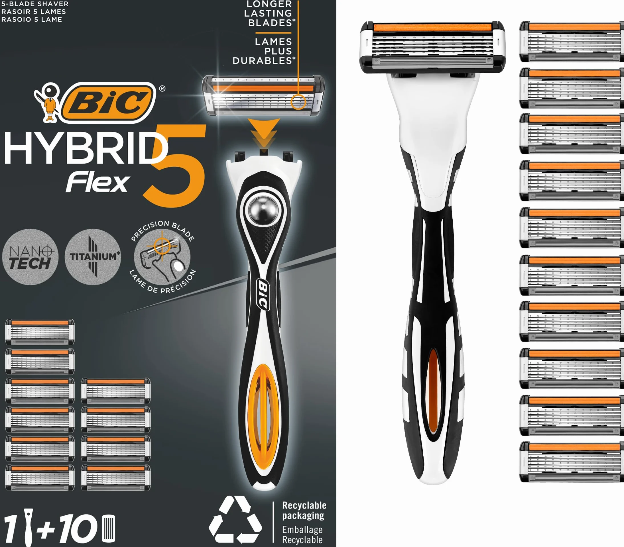 BIC Hybrid 5 Flex Razor dla mężczyzn, 1 uchwyt, 10 wkładów, 5 tytanowych ostrzy Nanotech, precyzyjne ostrze - 1+10 szt