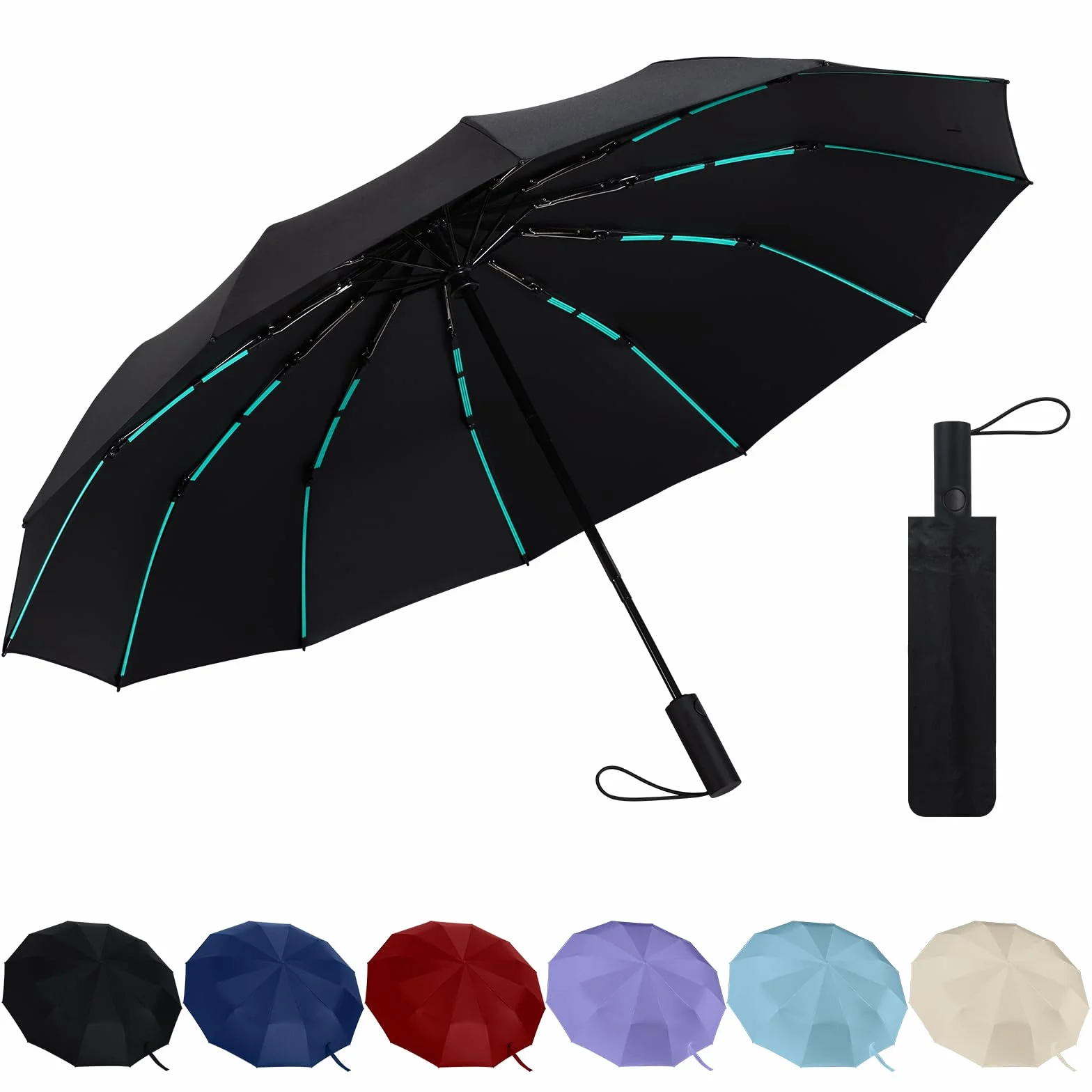 Parasol składany - 12-żebrowy wiatroodporny parasol automatycznie otwierany i zamykany, wyjątkowo mocne żebra z włókna szklanego idealne do plecaka, samochodu i garnituru