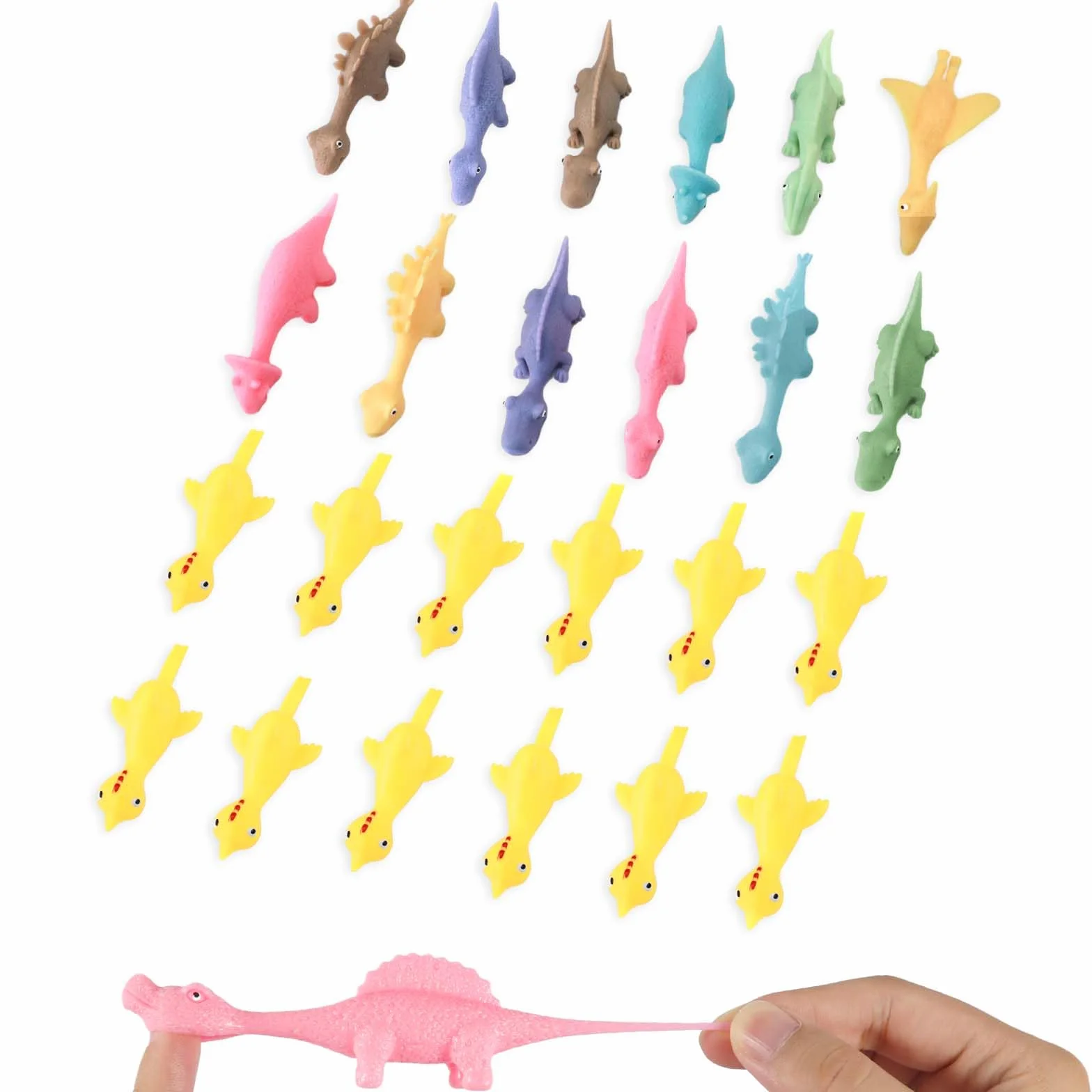 24 Sztuki Zabawek Strzelajacych Palcami, Kurczak z Miekkim Gumowym Palcem Smieszne Mini Latajace Dinozaury dla Chlopców Dziewczat Upominki na Przyjecie (Zólta Laska + Kolorowy Dinozaur)