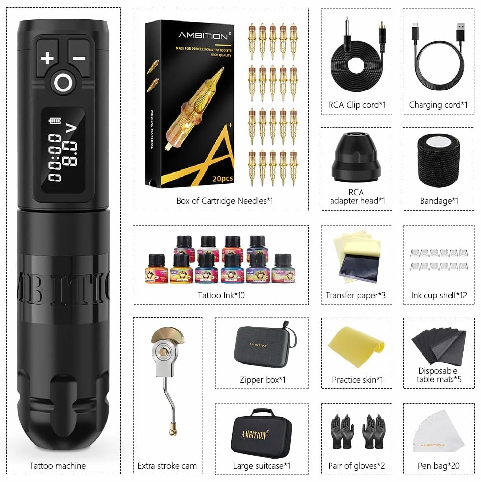 Ambition Soldier Tattoo Machine Kit Kompletny zestaw do tatuażu z obrotowym bezprzewodowym długopisem z 20 szt. igłami Glory Tattoo Cartridge Needles