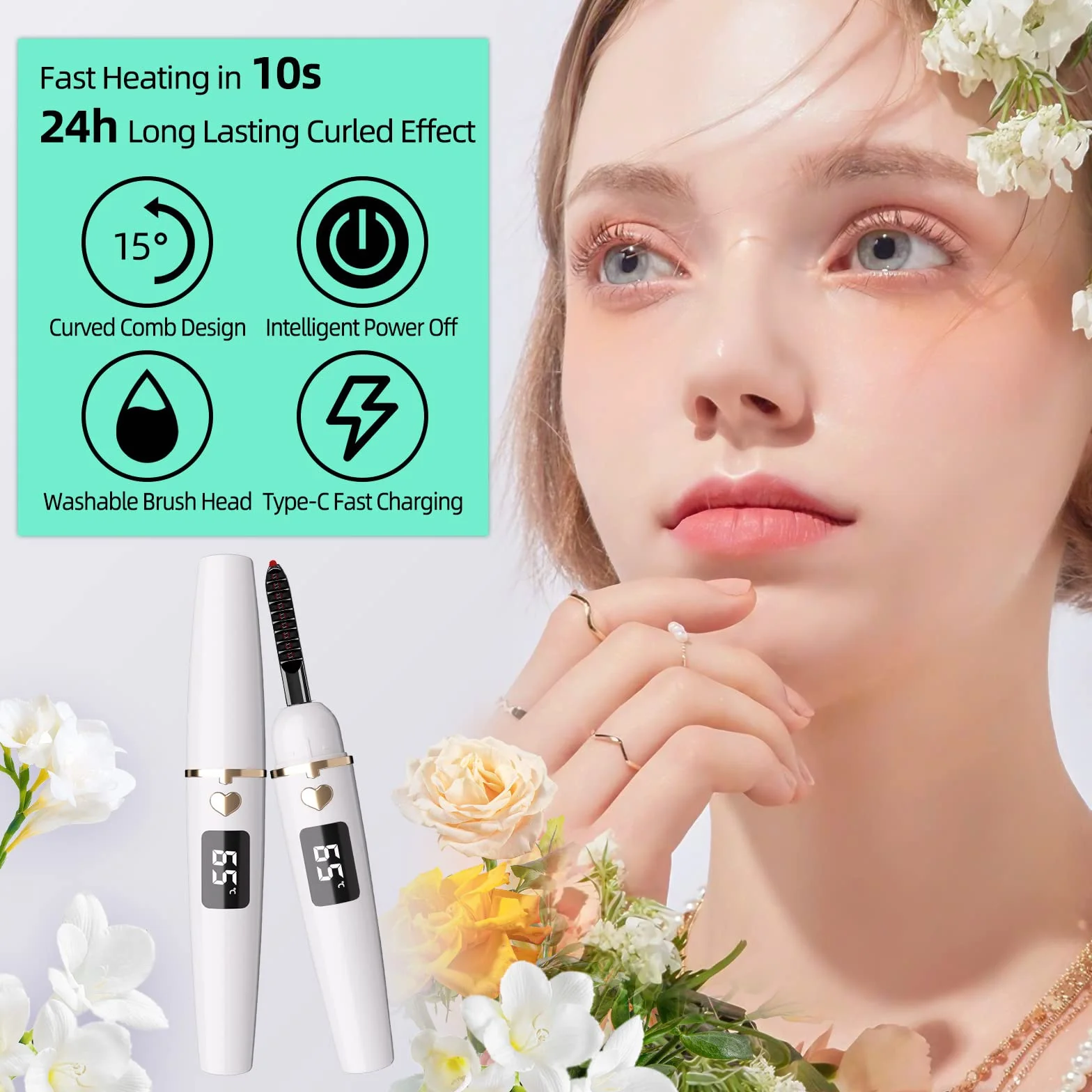 Heated EyeLash Curler, Heated Lash Curler, Intelligent Power Off Rechargeable Electric Eyelash Curler Heated Quickly By Steel Wire for 24 Hs Natural Makeup (Bright White, X8-132MM)