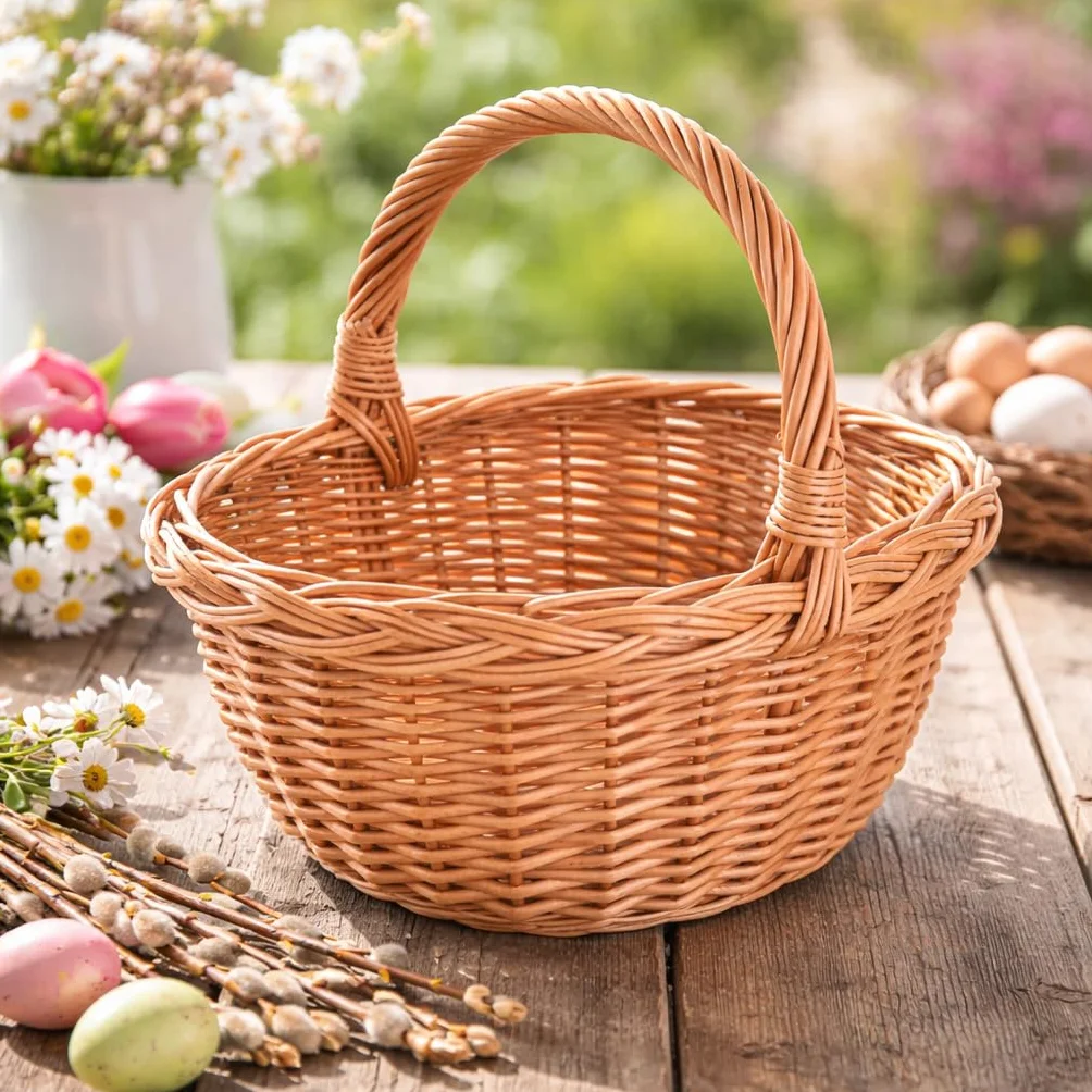 Wiklinowy kosz z uchwytem 32 cm | Wiklinowy kosz na zakupy – kosz do kuchni i prezentów – mały kosz prezentowy pusty, kosz na chleb, koszyk do przenoszenia z wikliny dla dzieci i dorosłych