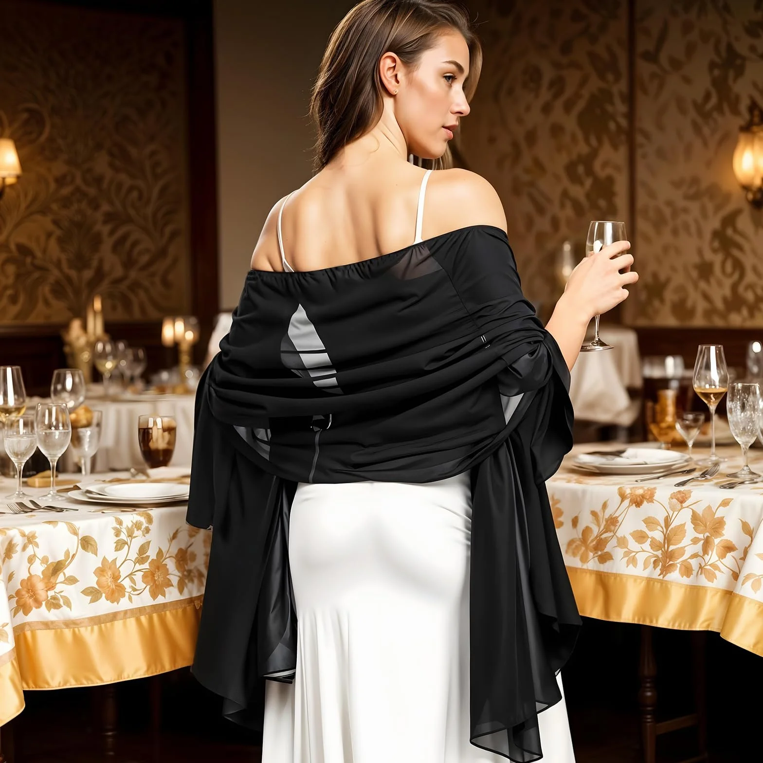 oruola Formalny szal, szyfonowy szal, czarny szal dla kobiet, eleganckie szale i chusty na wieczór, 180 x 60 cm przezroczysty szal, czarne szale i chusty na suknie wieczorowe, eleganckie szale do