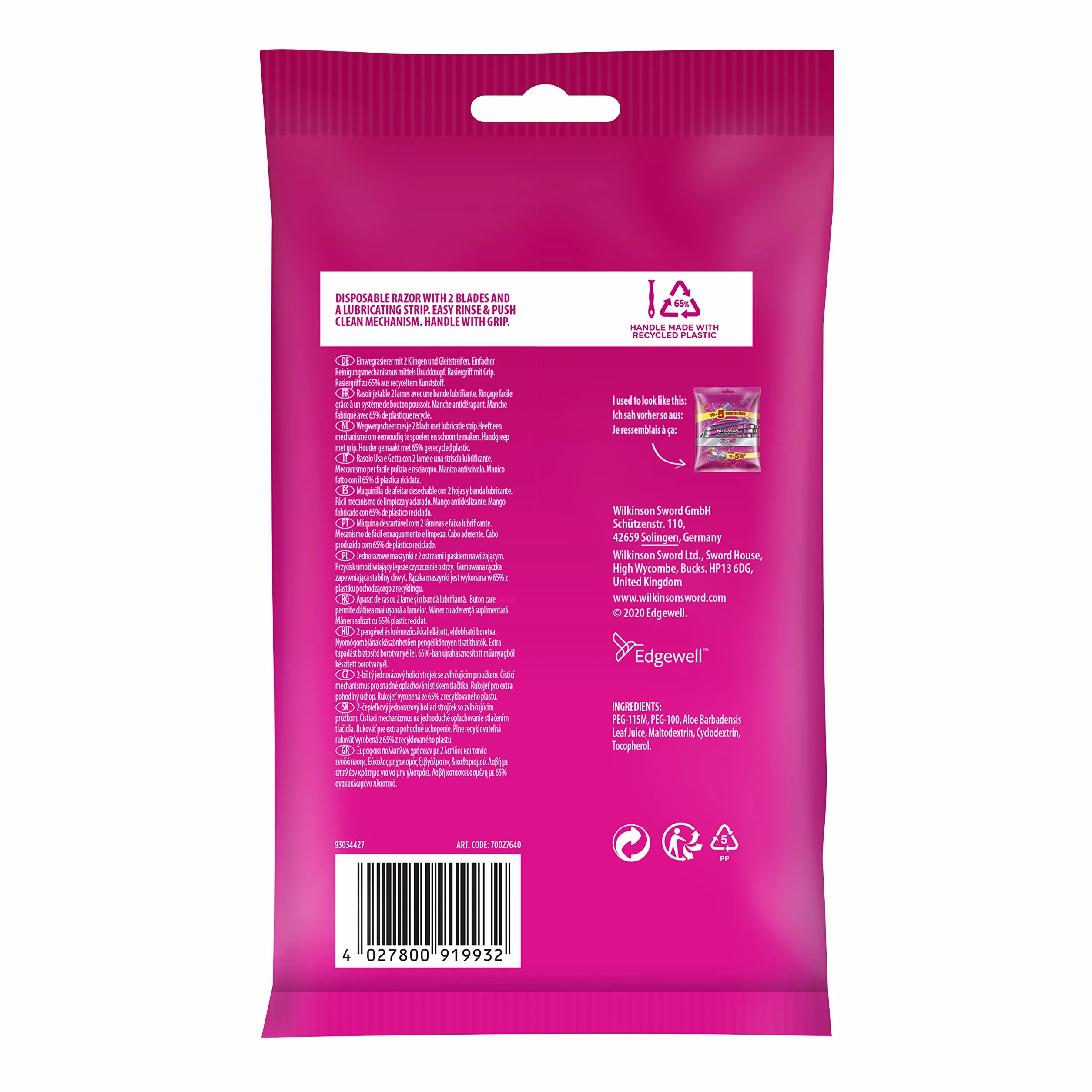Wilkinson Sword Extra 2 70057640 Maszynki do Golenia, Różowy/Fioletowy, 15 Sztuk (1 Opakowanie)
