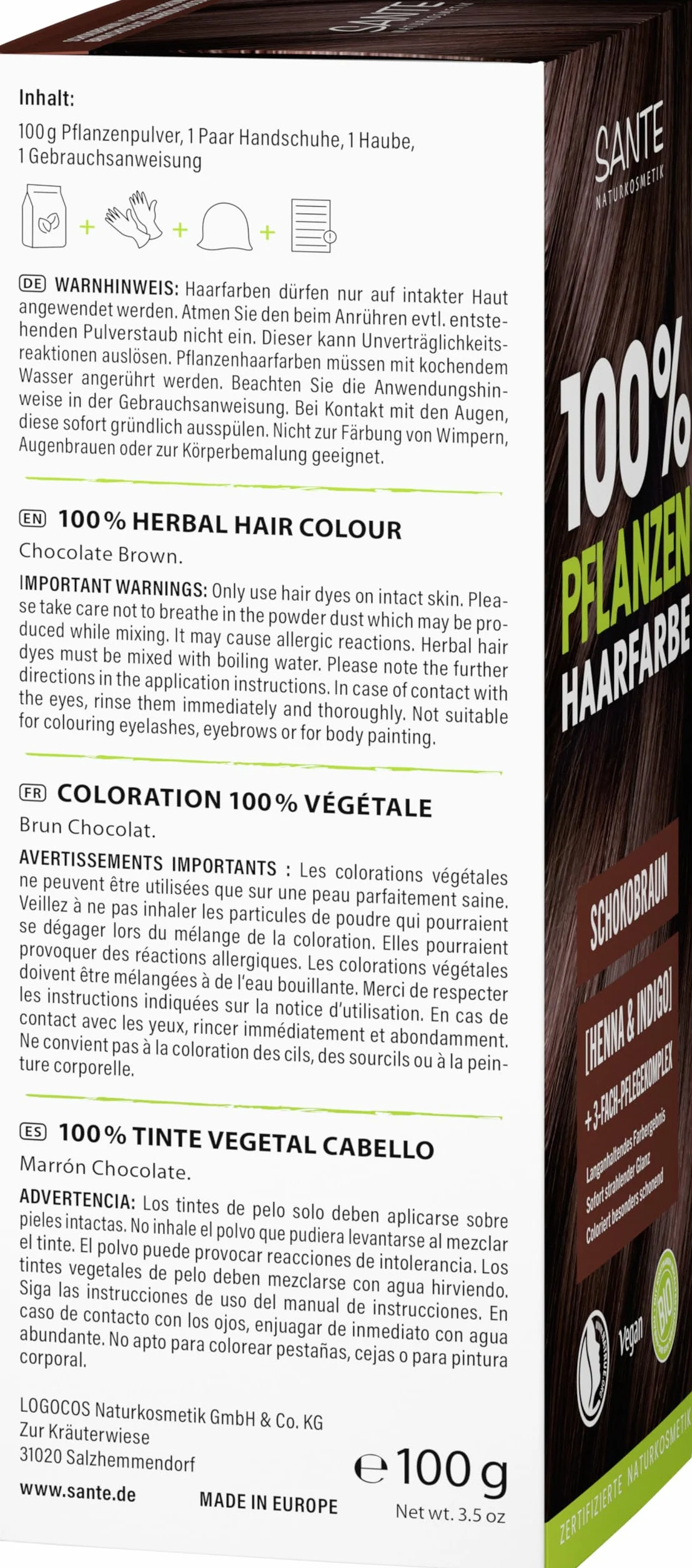 SANTE Naturkosmetik 100% roślinna farba do włosów w proszku 02 czekoladowy brąz, wegańska koloryzacja włosów z ekologiczną henną i indygo, długotrwały brąz, naturalne pokrycie szarości i połysk, z