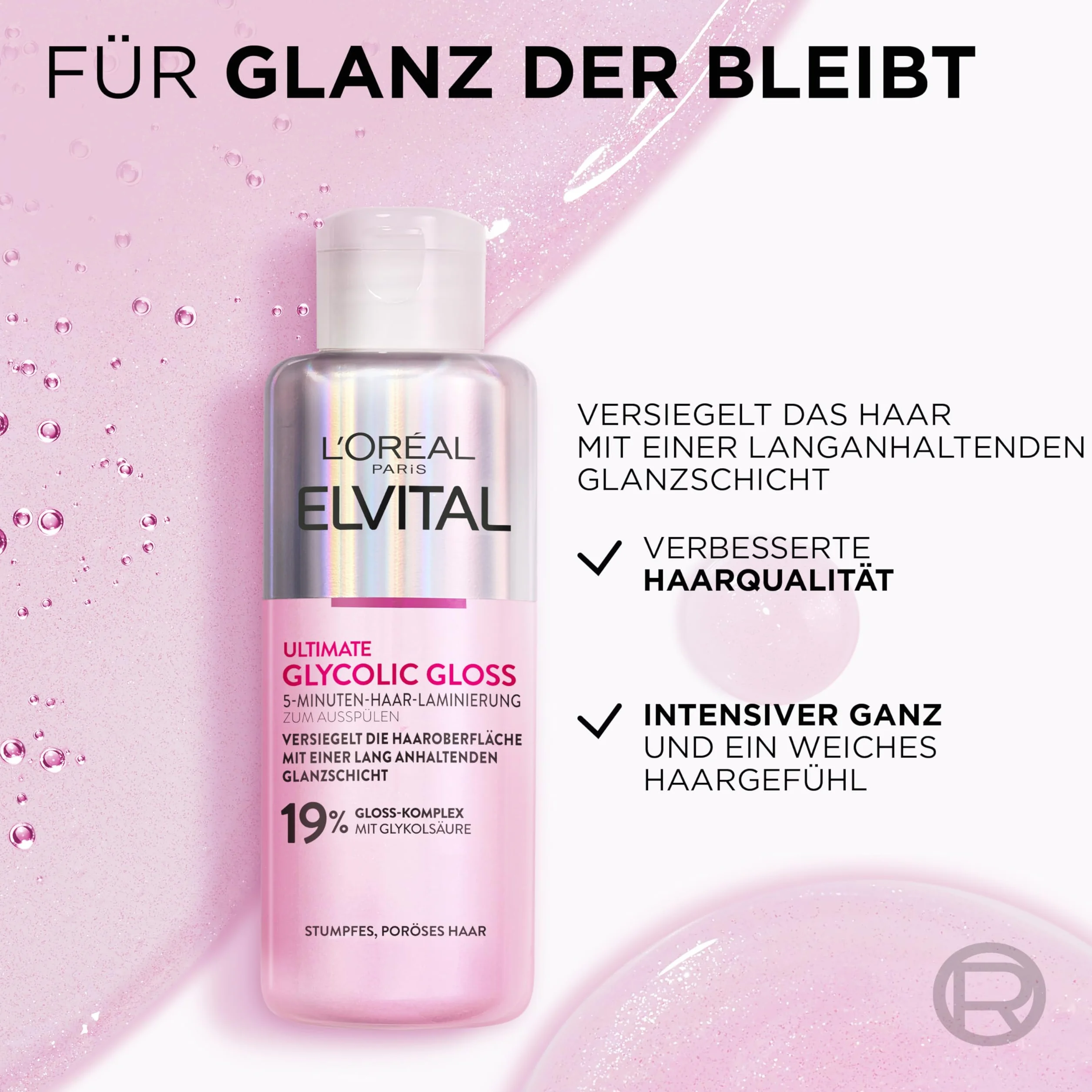 L'Oréal Paris Elvital Glycolic Gloss 5-minutowa laminacja do włosów dla uzyskania matowych i matowych włosów, Glossing dla poprawy jakości włosów i zwiększenia połysku, wygładzanie włosów kwasem