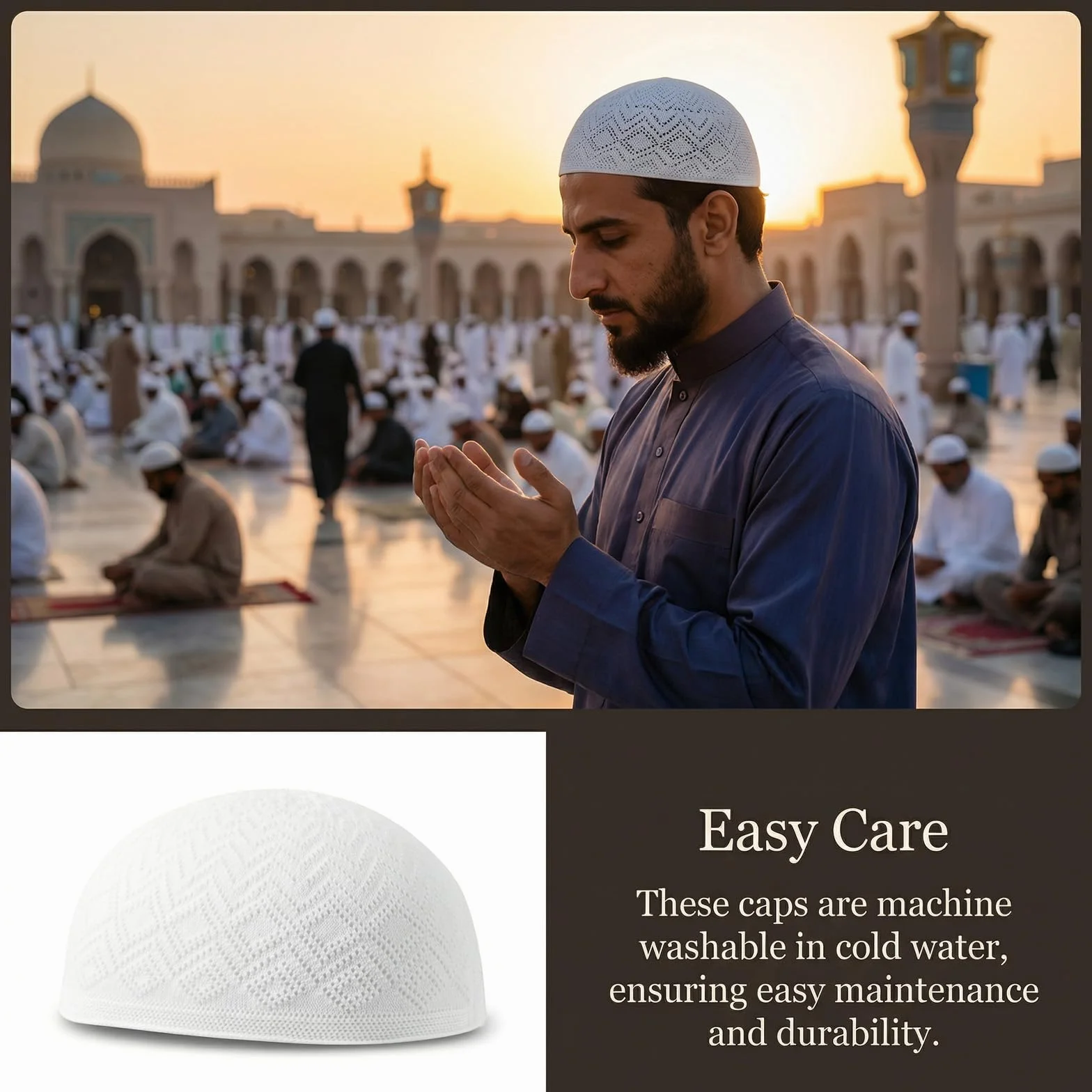 Muzułmańska czapka męska Kufi, 3 sztuki, czapka modlitewna z bawełny, biała, obwód głowy 55-59 cm, taqiyah Kufi Cap z kwadratowym wzorem, lekka, oddychająca czapka z daszkiem