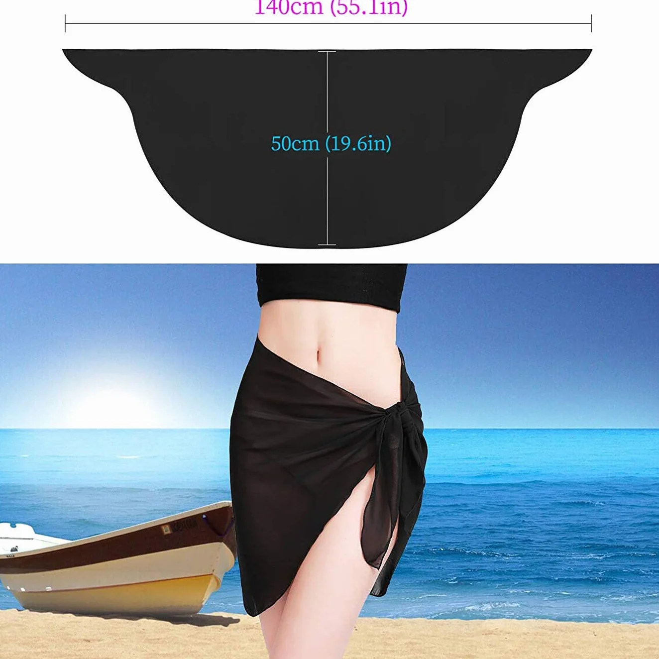 JFAN Damskie Pareo Półprzewodowe etui na plażę Frędzle Wielofunkcyjny Plażowy Wrap Sarong Krótkie Pareo Czarny wzór drzewa kokosowego, Czarny + wzór drzewa kokosowego, rozmiar uniwersalny