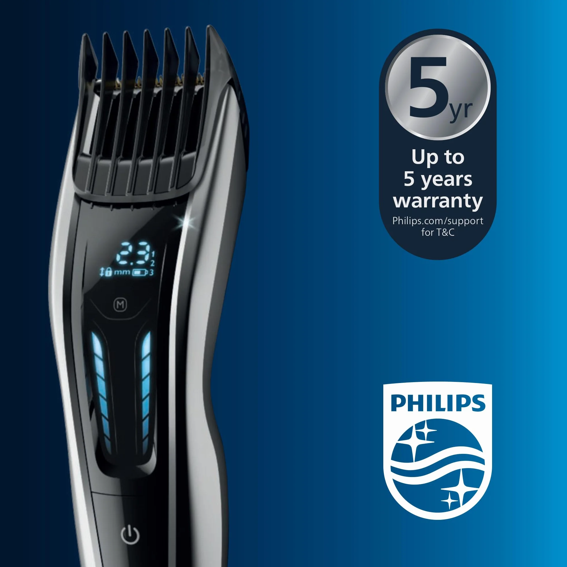 Philips Maszynka do strzyżenia włosów 9000, trymer Auto Turbo z technologia Dual Cut, grzebienie z napędem, 400 ustawień długości, 120 Min. Czas pracy, Bezobsługowość, Podstawka ładująca, HC9450/20