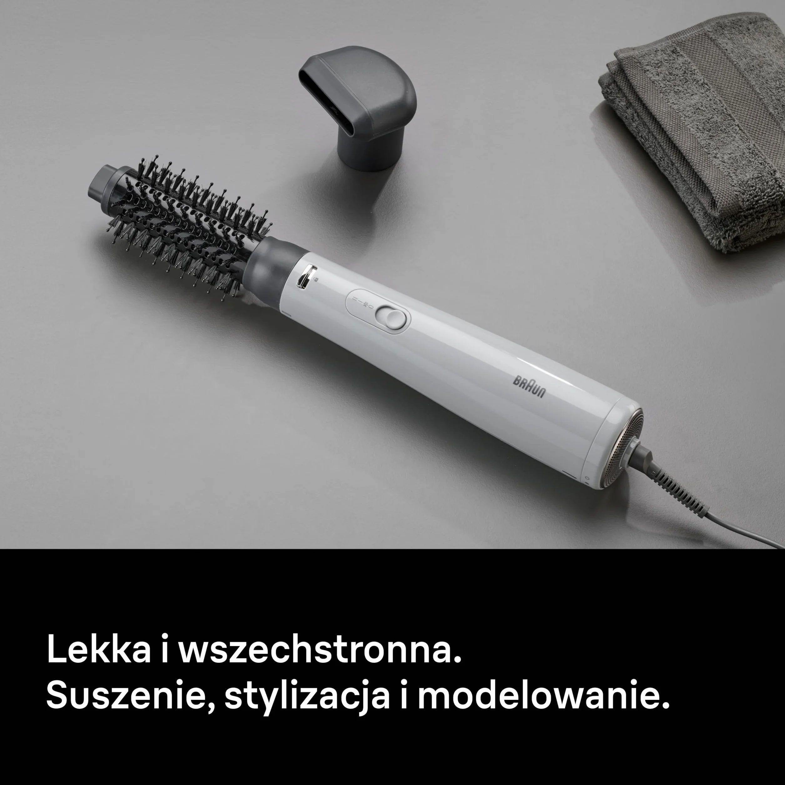 Braun Air Styler AS2.21, szczotka termiczna, dysza do suszenia, silnik 800W, 2 tryby temperatury/prędkości, chłodny nawiew, technologia IONTEC, szare wykończenie, BRAS221E