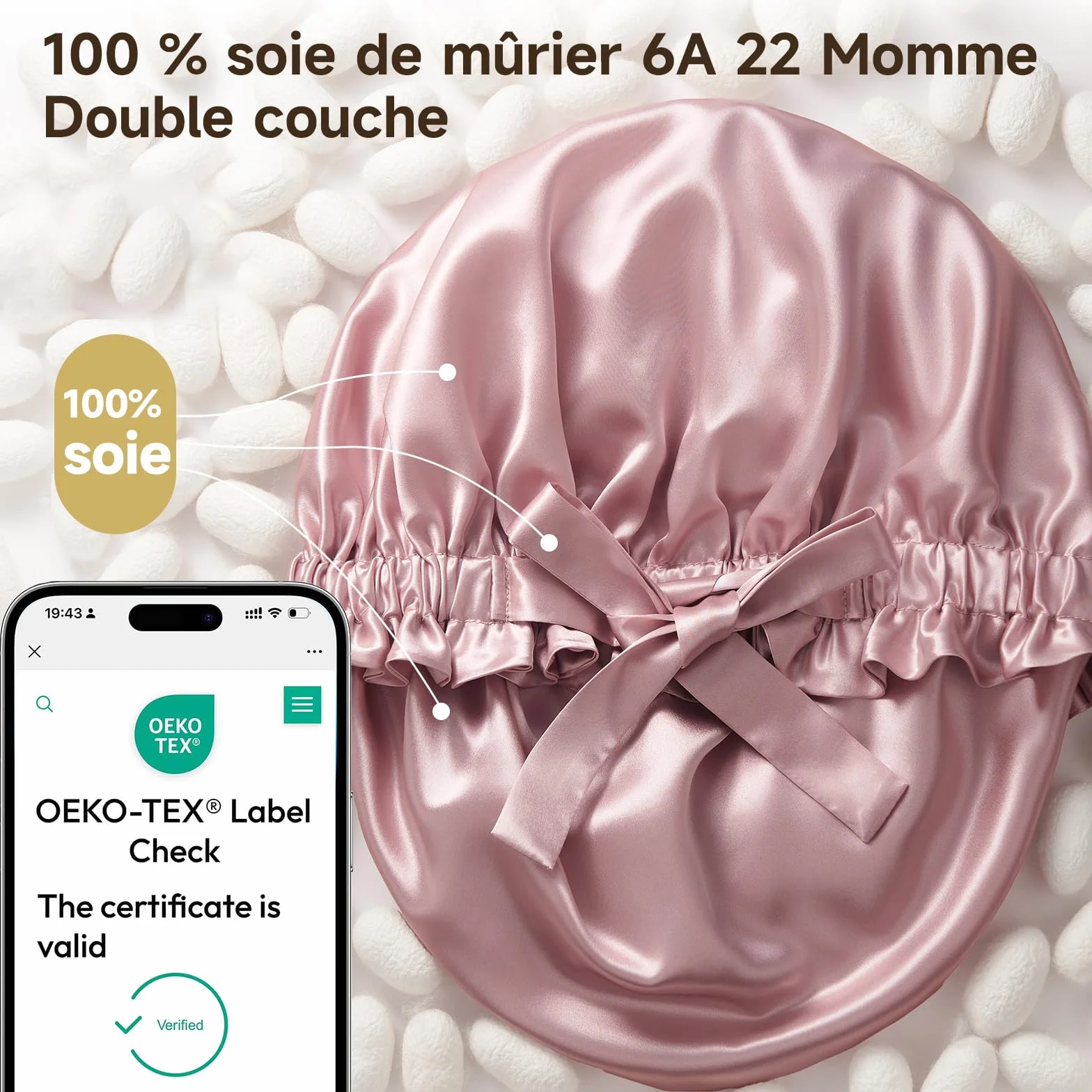 Umisleep 22 momme 100% jedwab morwowy nakrycie na głowę do spania z falbankami – dwustronne, miękkie i oddychające, regulowana szeroka wstążka dla kręconych włosów, różowe