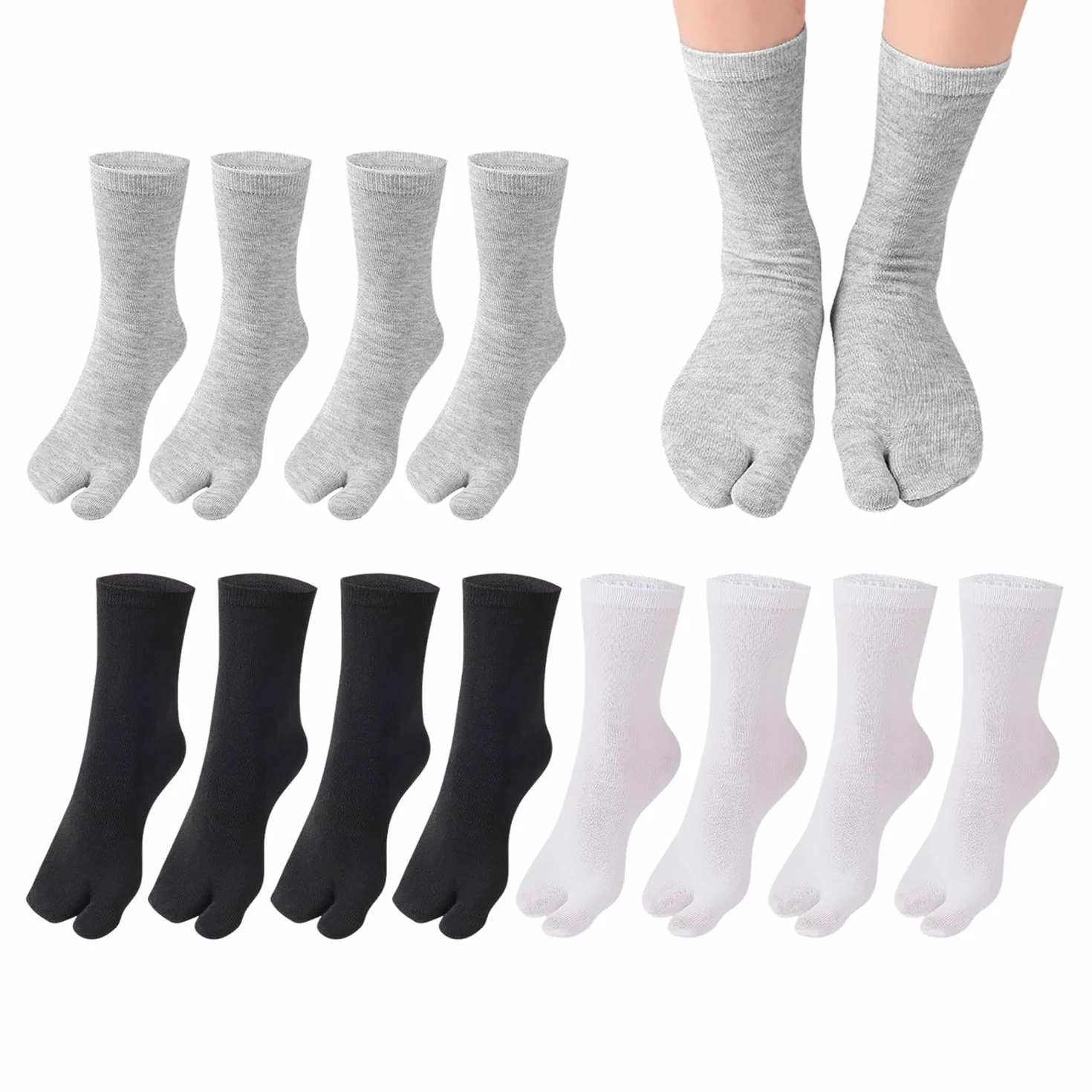 KRYMSON 6 par skarpet Tabi – bawełniane skarpety z palcami, skarpety do japonek, skarpety do sandałów, skarpety Tabi do jogi, oddychające i elastyczne skarpety unisex (czarne, białe, szare)