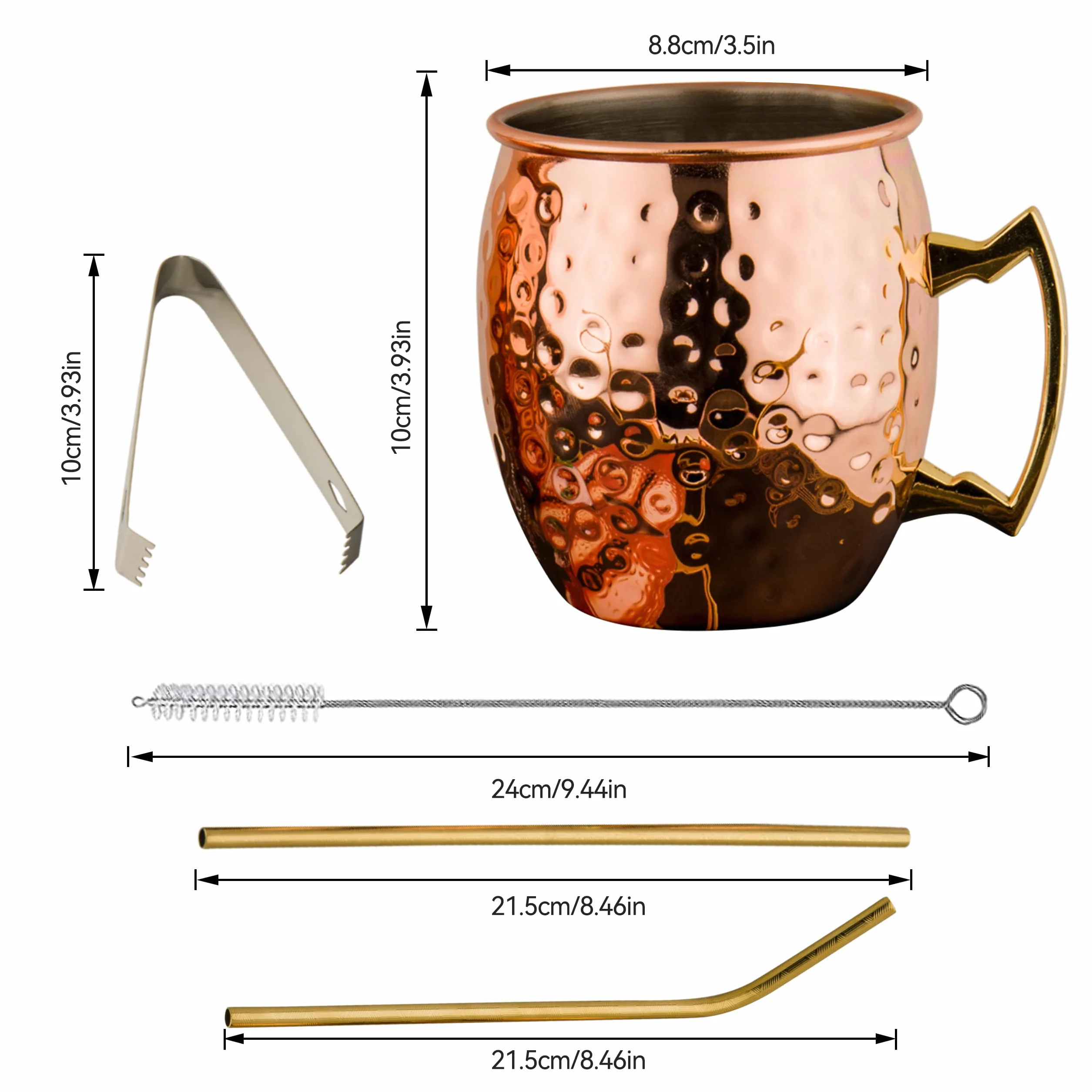Moscow Mule zestaw 4 kubków, miedziane kubki Moscow Mule, młotkowane, ręcznie wykonane szklanki do koktajli z 4 miedzianymi filiżankami, 4 słomki, 1 szczypce do lodu, idealne dla krewnych i przyjaciół.