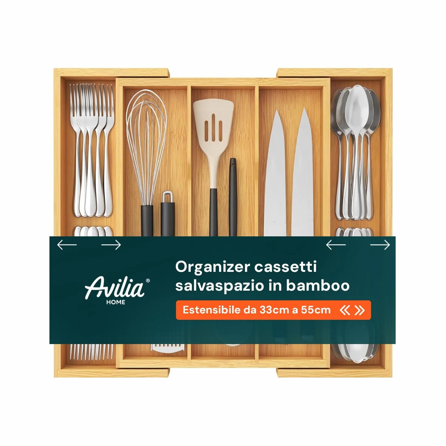 Avilia Pojemnik na sztućce z 5 wysuwanymi bambusowymi przegródkami - organizer do szuflad kuchennych, regulowane przegrody do szuflad od 33 cm do 55 cm, oszczędzający miejsce organizer do szuflad, 43