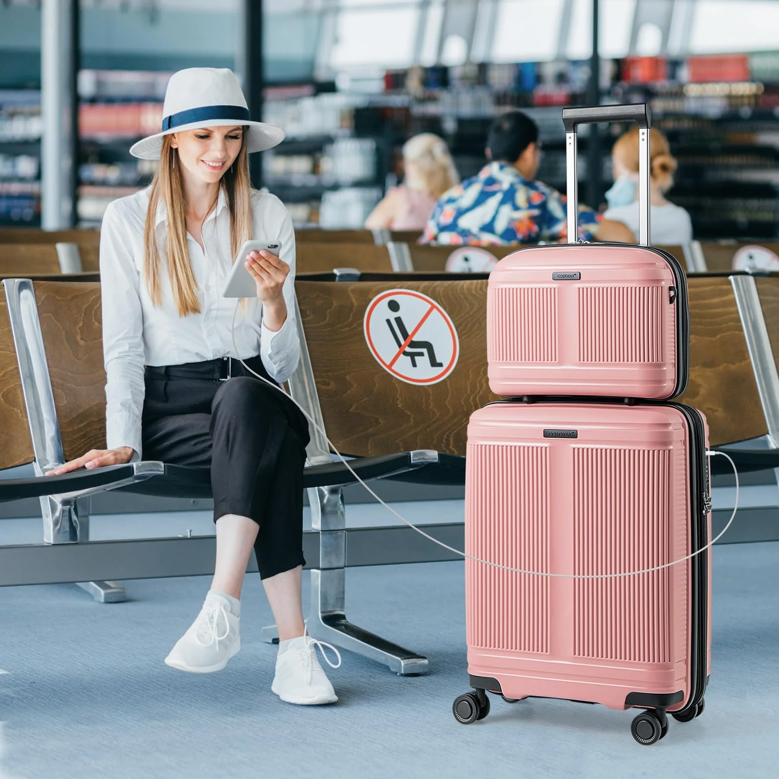 COSTWAY 2-częściowy zestaw bagażu, walizka podręczna o przekątnej 14", z zamkiem TSA, port USB, bagaż na kółkach, 2 sztuki, różowy, 14” + 20", Operacje